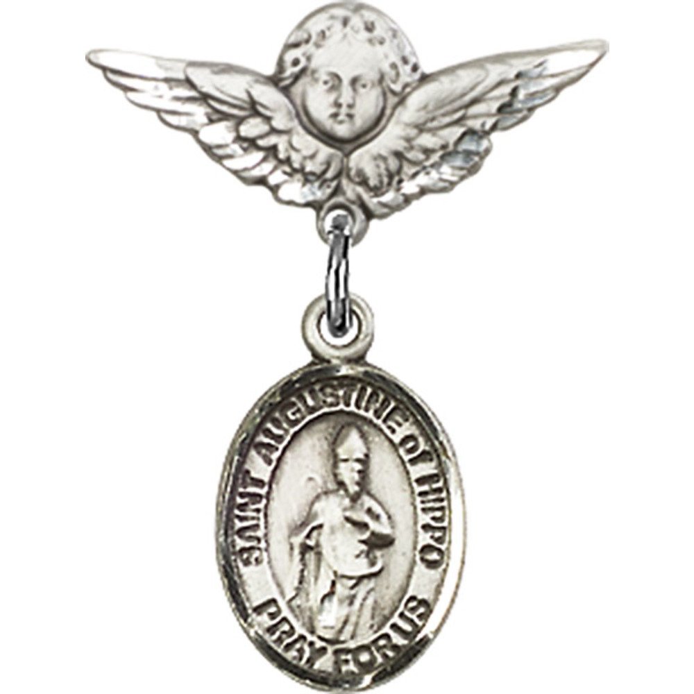 Sterling Silver Baby Badge with St. Augustine of Hippo Charm & Angel Wing Pin - 7/8