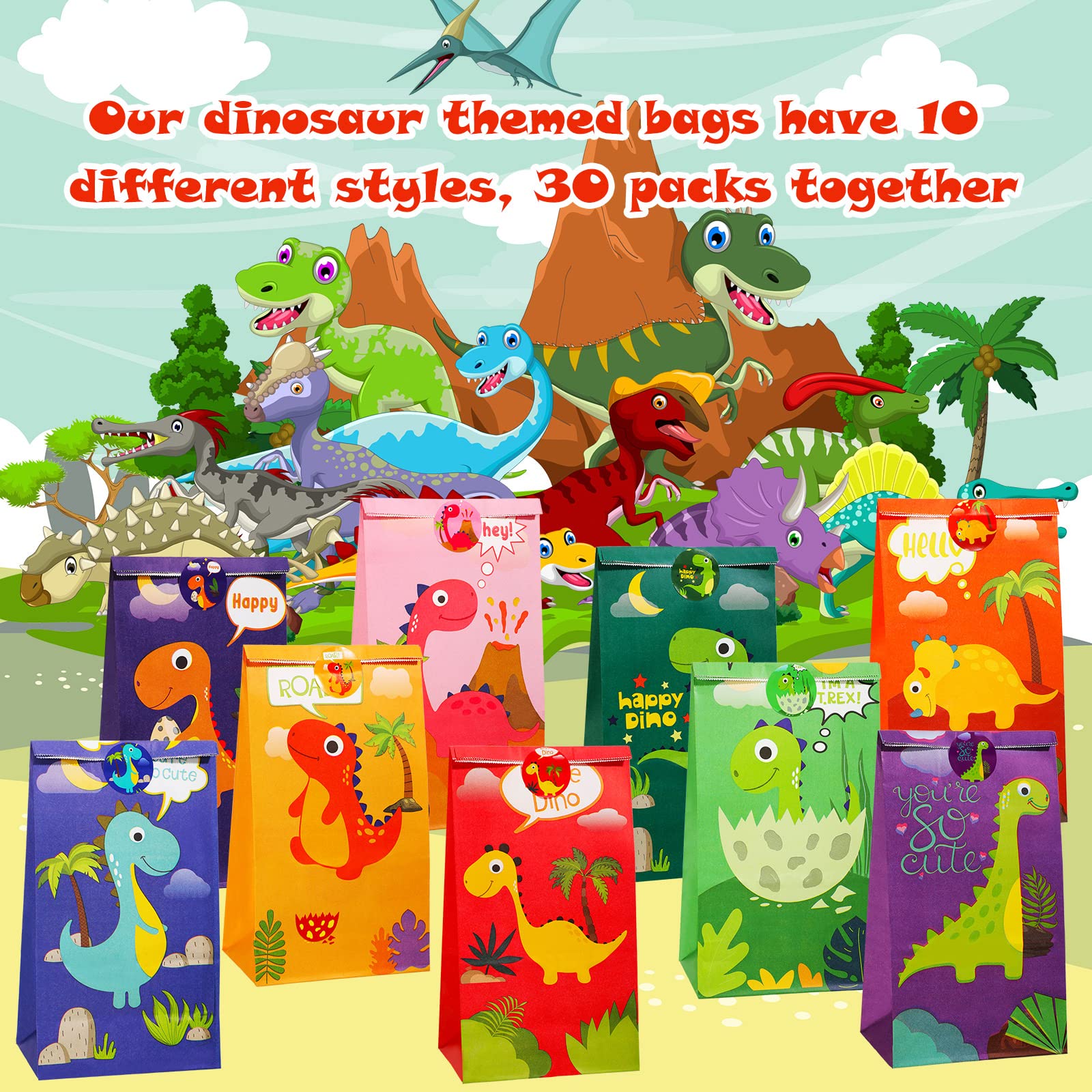 30 Pack Dinosaur Party Favor Bags with Matching Stickers - Dino Themed Treat Bags for Kids Birthday, Baby Shower & Graduation Parties - Perfect for Candy, Goodies & Small Gifts (Classic Design)