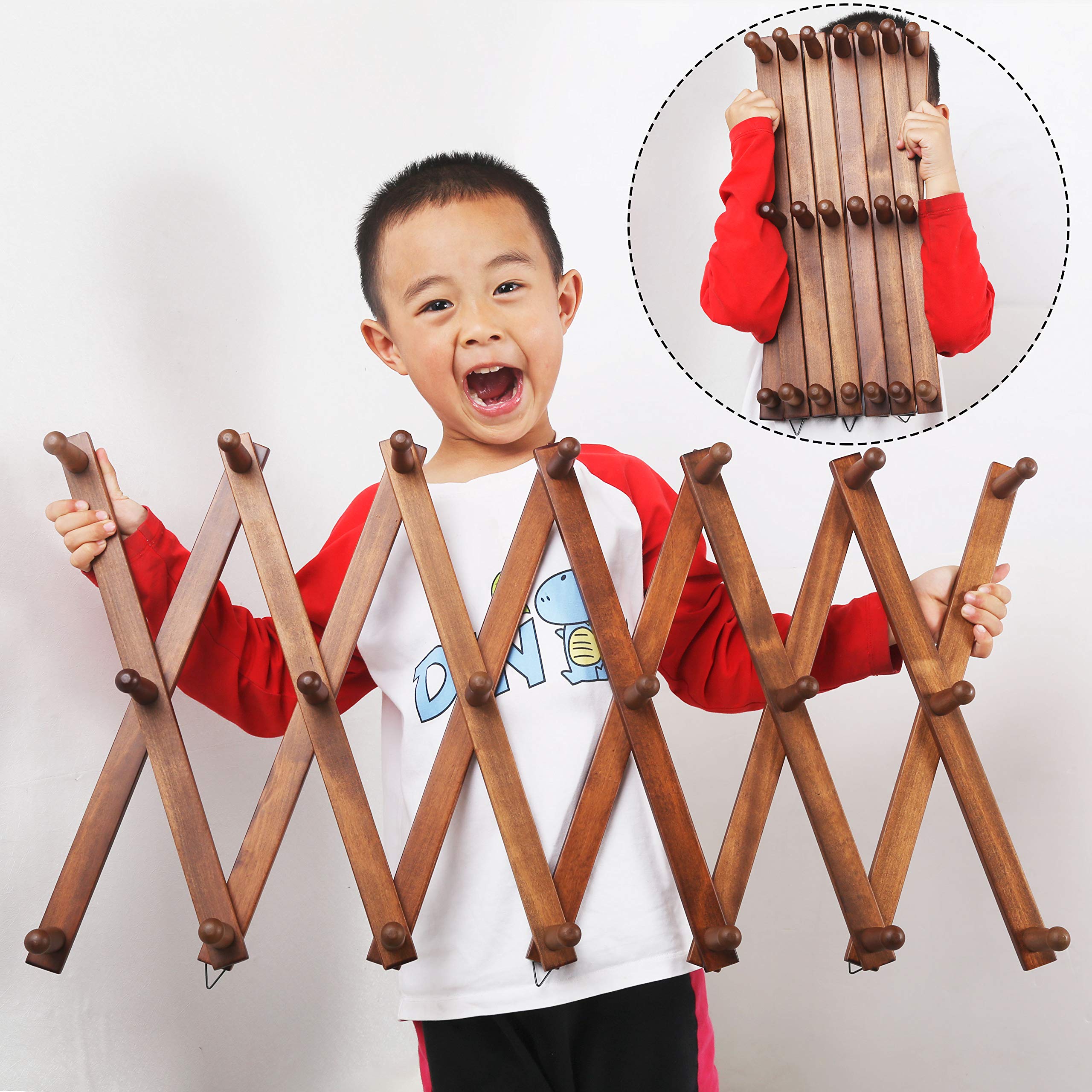 WEBI Expandable Wooden Wall Hanger - 20 Peg Coat & Hat Rack Organizer for Jackets, Caps, Scarves - Natural Finish Accordion Style Space-Saving Storage (2 Pack) - Perfect for Entryway, Bedroom, Closet & Small Space Organization