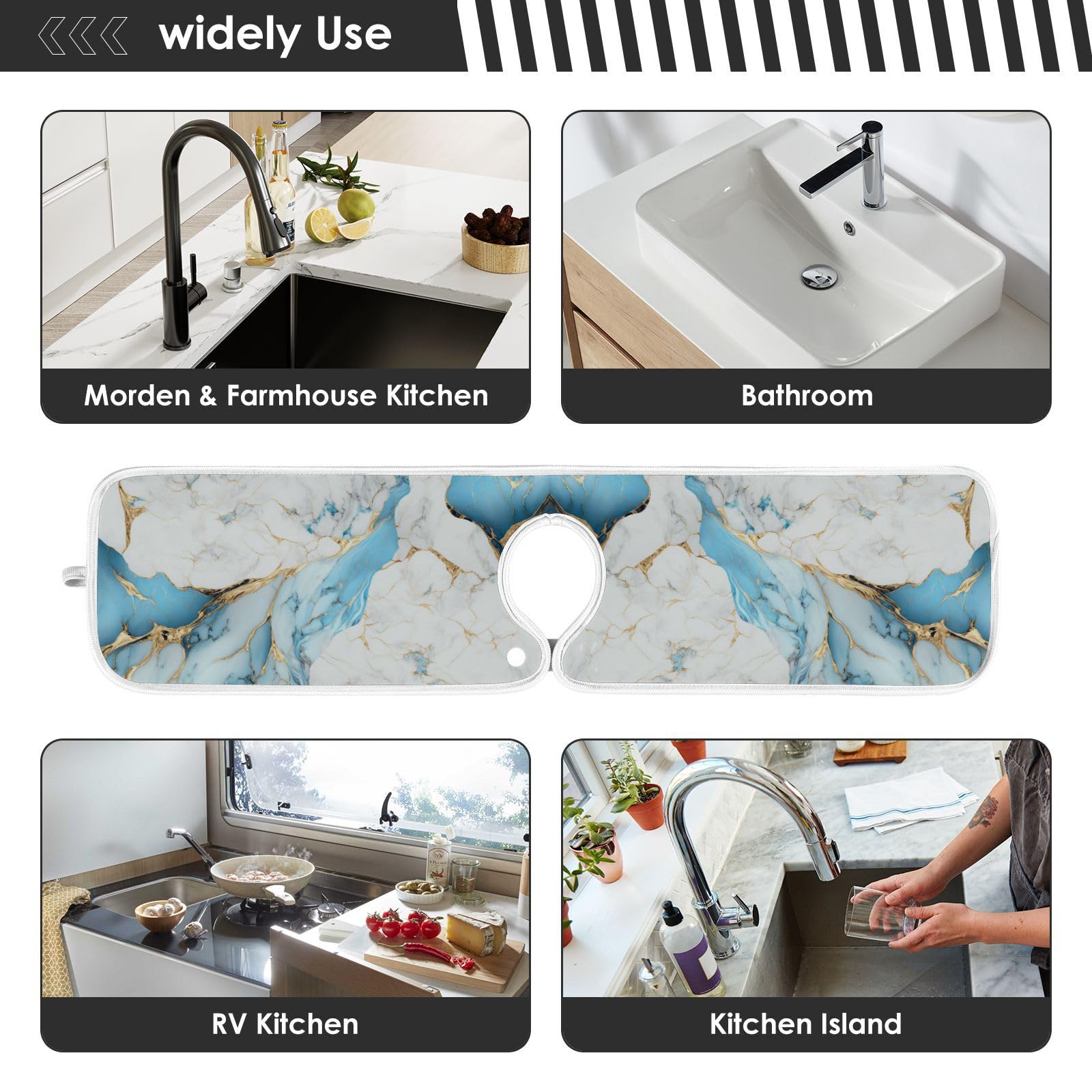 2 Pack Sink Splash Guard - Light Blue & White Marble Absorbent Kitchen Faucet Mat | Drip Catcher & Drying Mat for Farmhouse Bathroom & Bar | Perfect for Kitchen Sink, Bathroom Vanity & RV Use