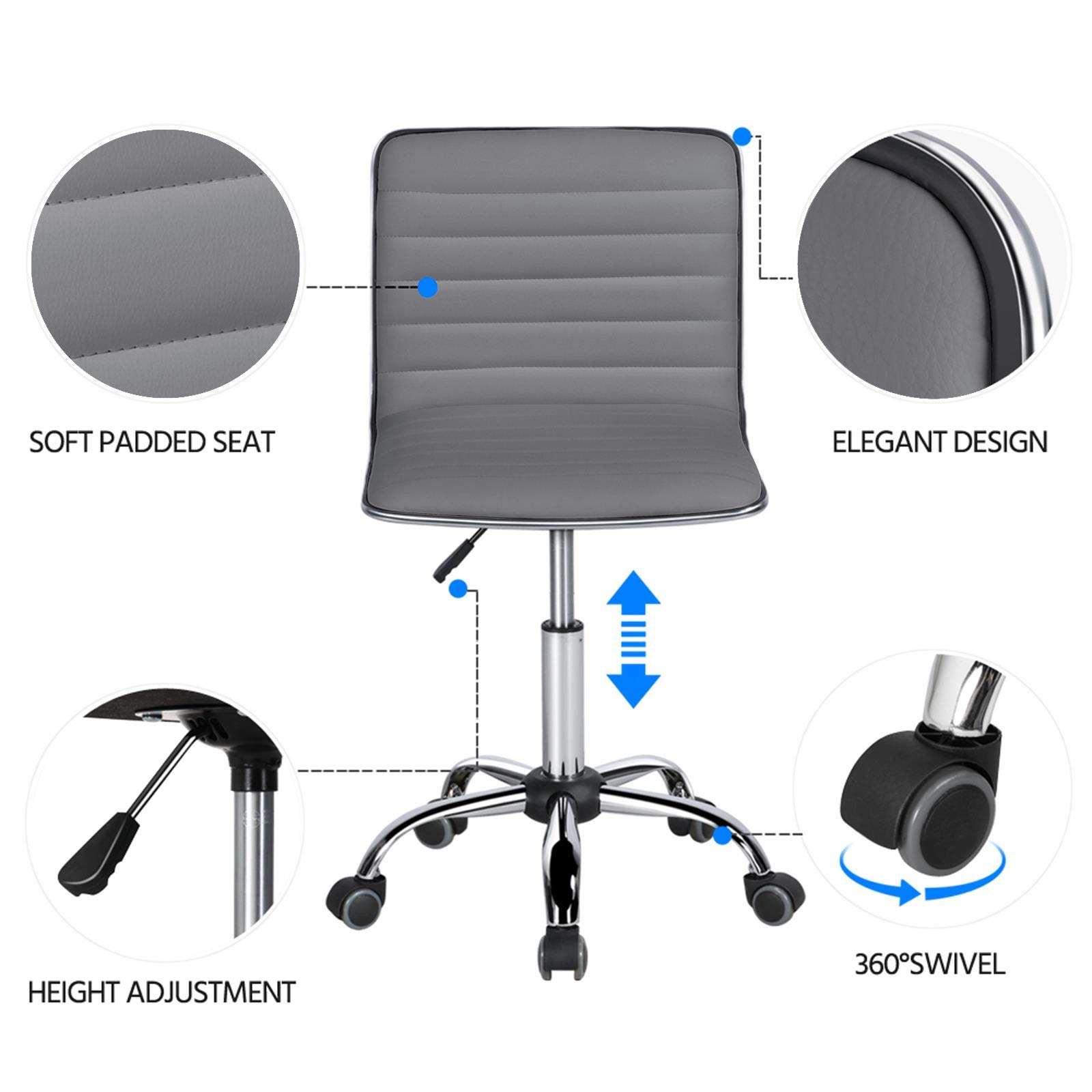 Yaheetech 2-Piece Armless Office Chair Set - Modern Adjustable Low-Back Swivel Task Chair with Rolling Wheels, Gray Leather - Perfect for Home Office, Makeup Vanity & Small Workspaces