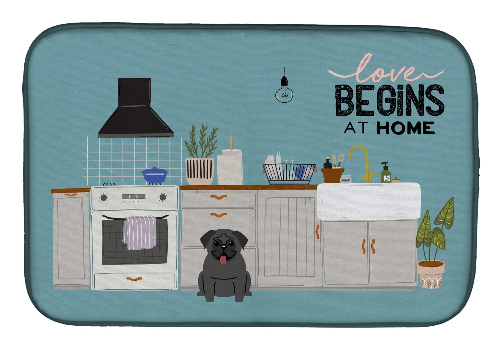 Black Pug Dish Drying Mat - Absorbent Kitchen Counter Pad 14x21