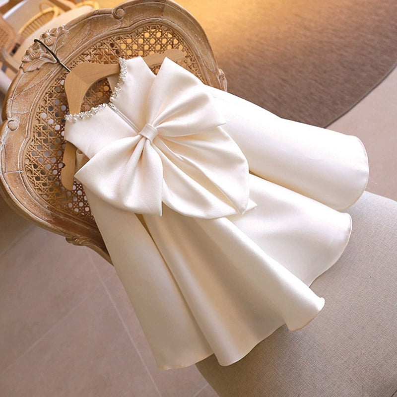White Princess Round Tea Length Satin Flower Girl Dress for Weddings & Special Occasions