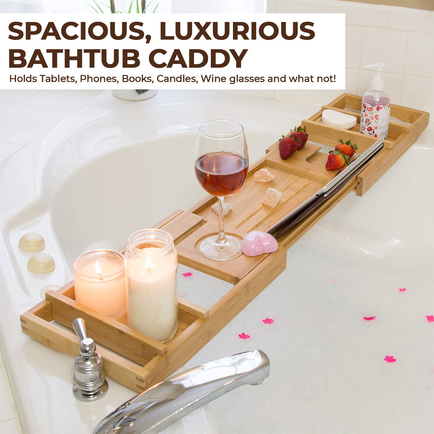 Premium Bamboo Bathtub Tray Caddy - Expandable Foldable Bath Tray for Relaxation - Unique Housewarming, Anniversary & Wedding Gift for Couples - Perfect for Reading, Wine, Candles & Spa Nights