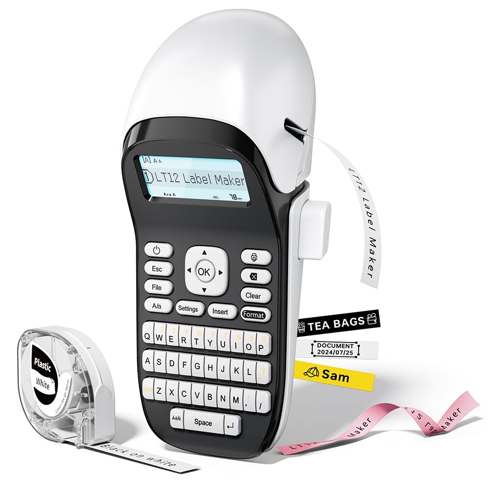 Phomemo LT-12 Portable Bluetooth Label Maker with QWERTY Keyboard - Rechargeable Handheld Label Printer for Home & Office Organization - Multiple Borders & Icons - Perfect for Pantry Labels, Storage Bins & File Folders