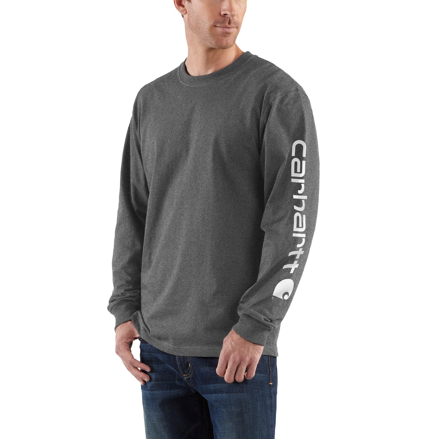 Carhartt Men's Signature Logo Long Sleeve T-Shirt - Carbon Heather | Durable Workwear for Construction, Outdoor & Casual Wear
