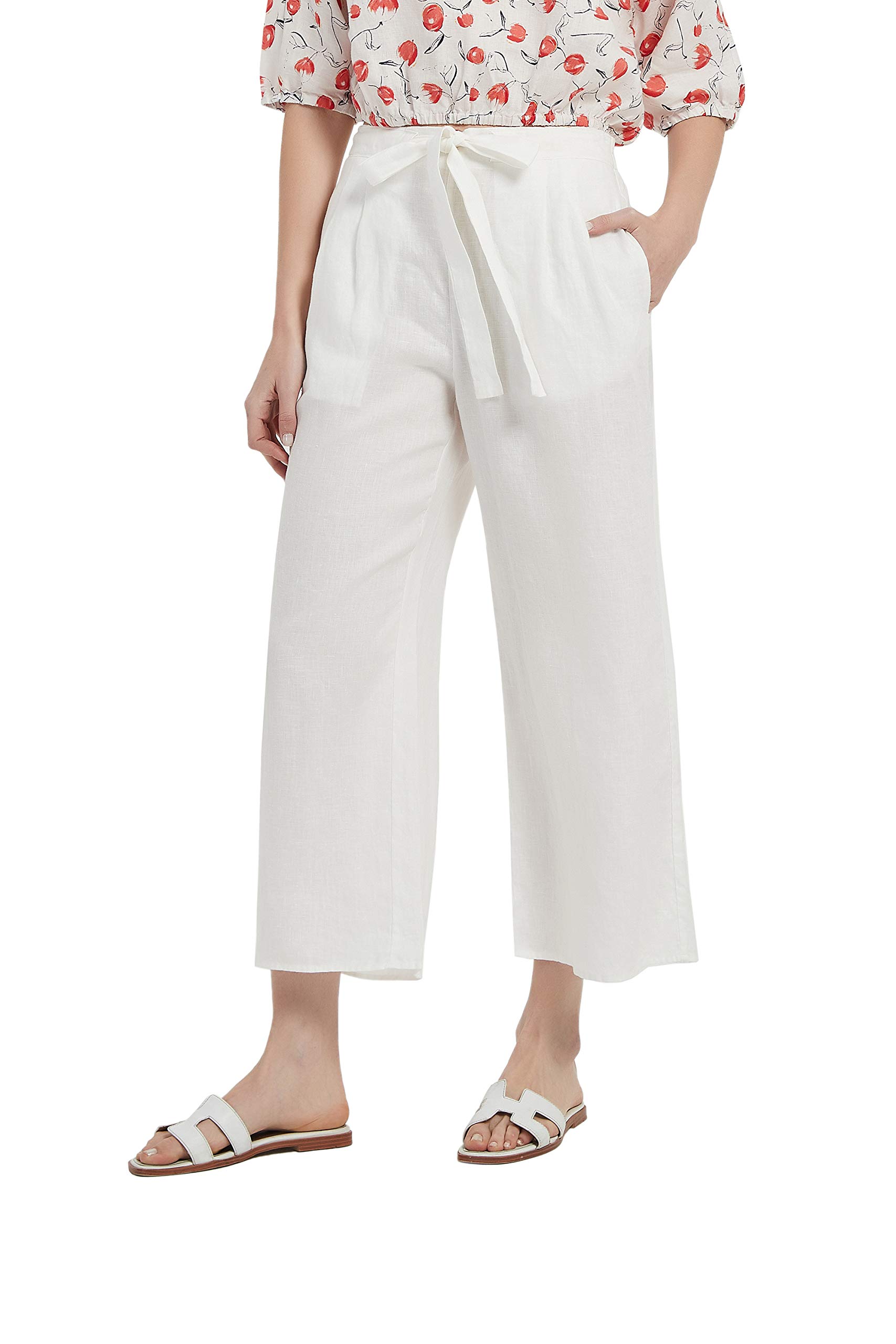 Women's 100% Linen Summer Elastic Waist Wide Leg Cropped Pants with Pockets - Breathable Comfort for Beach, Travel & Casual Outfits