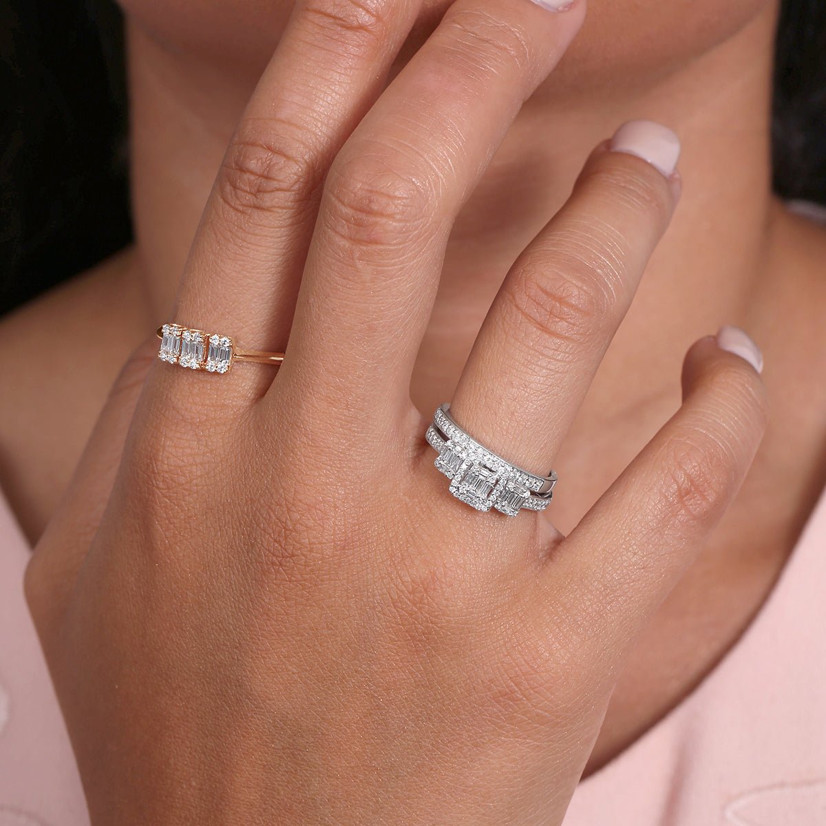 Three Stone Diamond Baguette Ring in Solid 14k Rose Gold - Elegant Engagement & Wedding Jewelry for Women | Perfect for Proposals, Anniversaries & Special Occasions