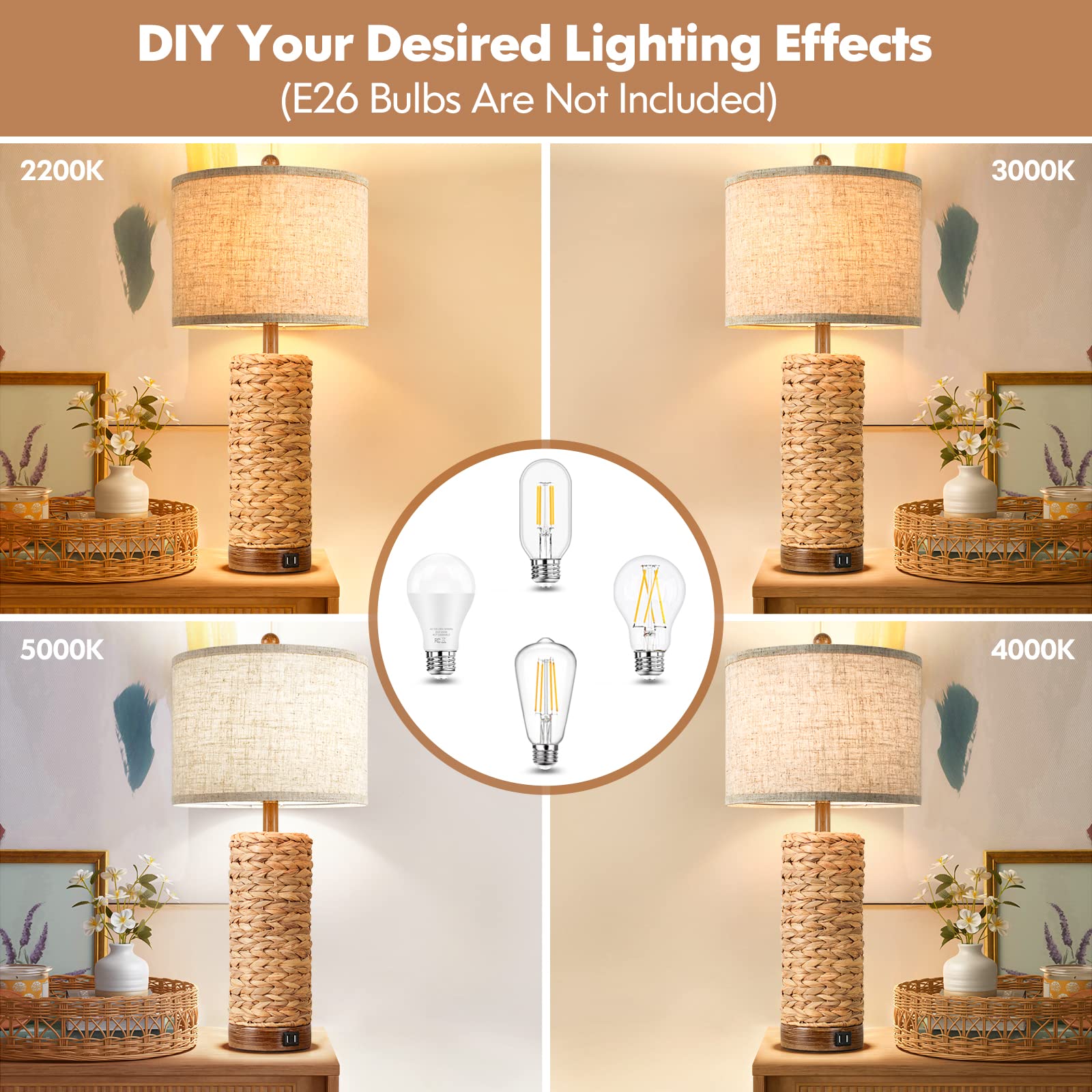 Set of 2 Rattan Table Lamps with 2 USB Ports - 27