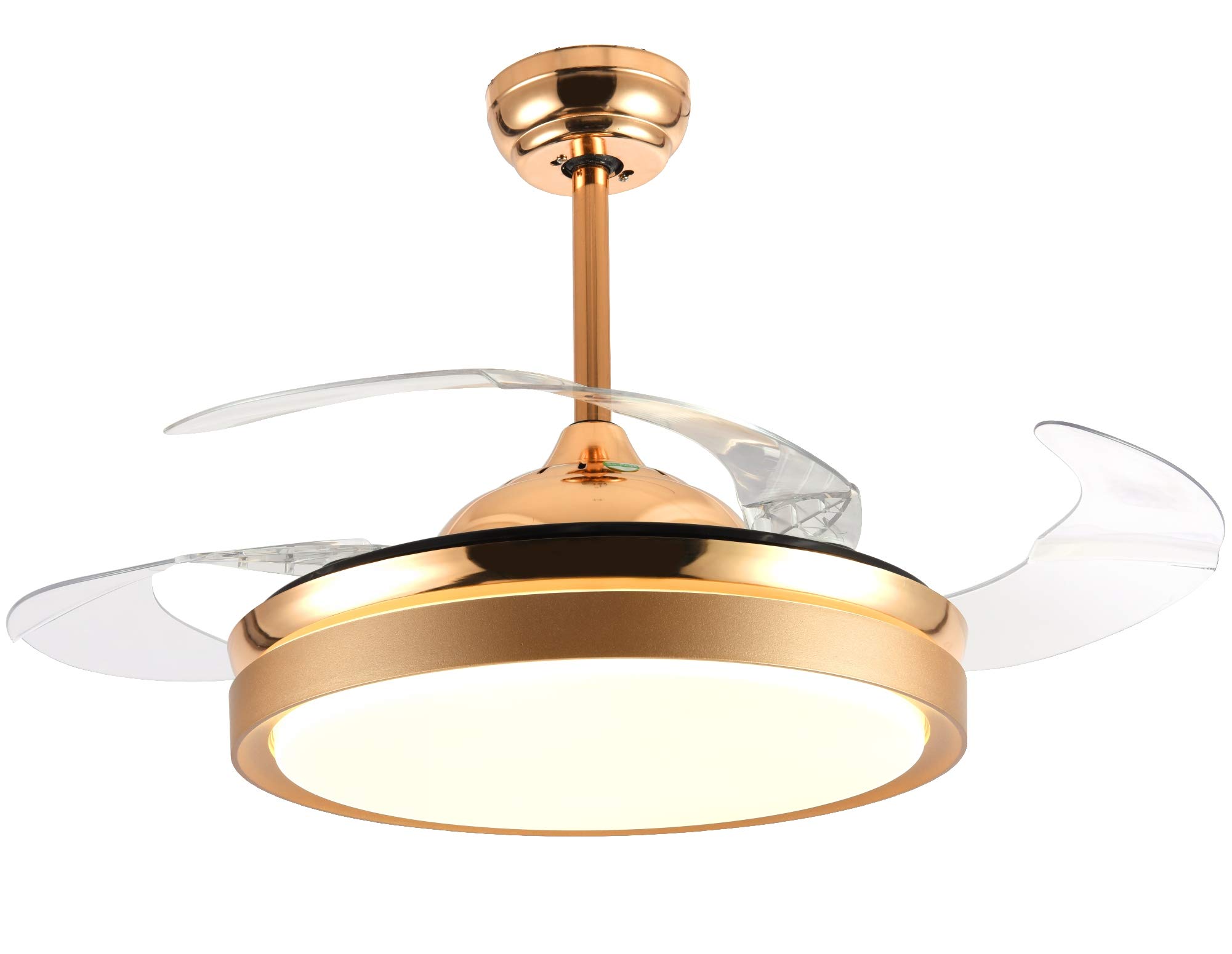 36 Inch Retractable Ceiling Fan with LED Light & Remote Control - Modern Dimmable 3-Color Blades for Bedroom, Living Room & Dining Room - Energy Efficient Gold Finish Home Cooling Solution for Year-Round Comfort