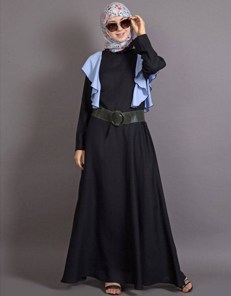 Stylish Arabic Frill Abaya for Women - Casual Daily Wear Sky Blue & Black - Perfect for College, Work, and Special Occasions