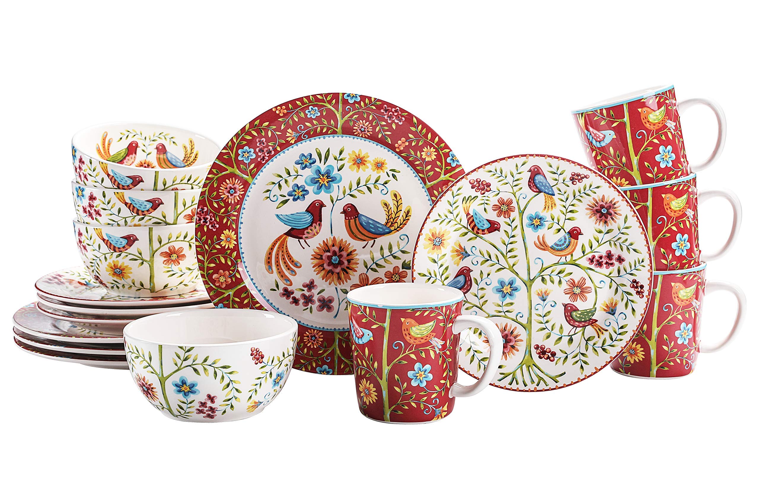 Bico Red Spring Bird 16-Piece Ceramic Dinnerware Set for 4 - Includes 11