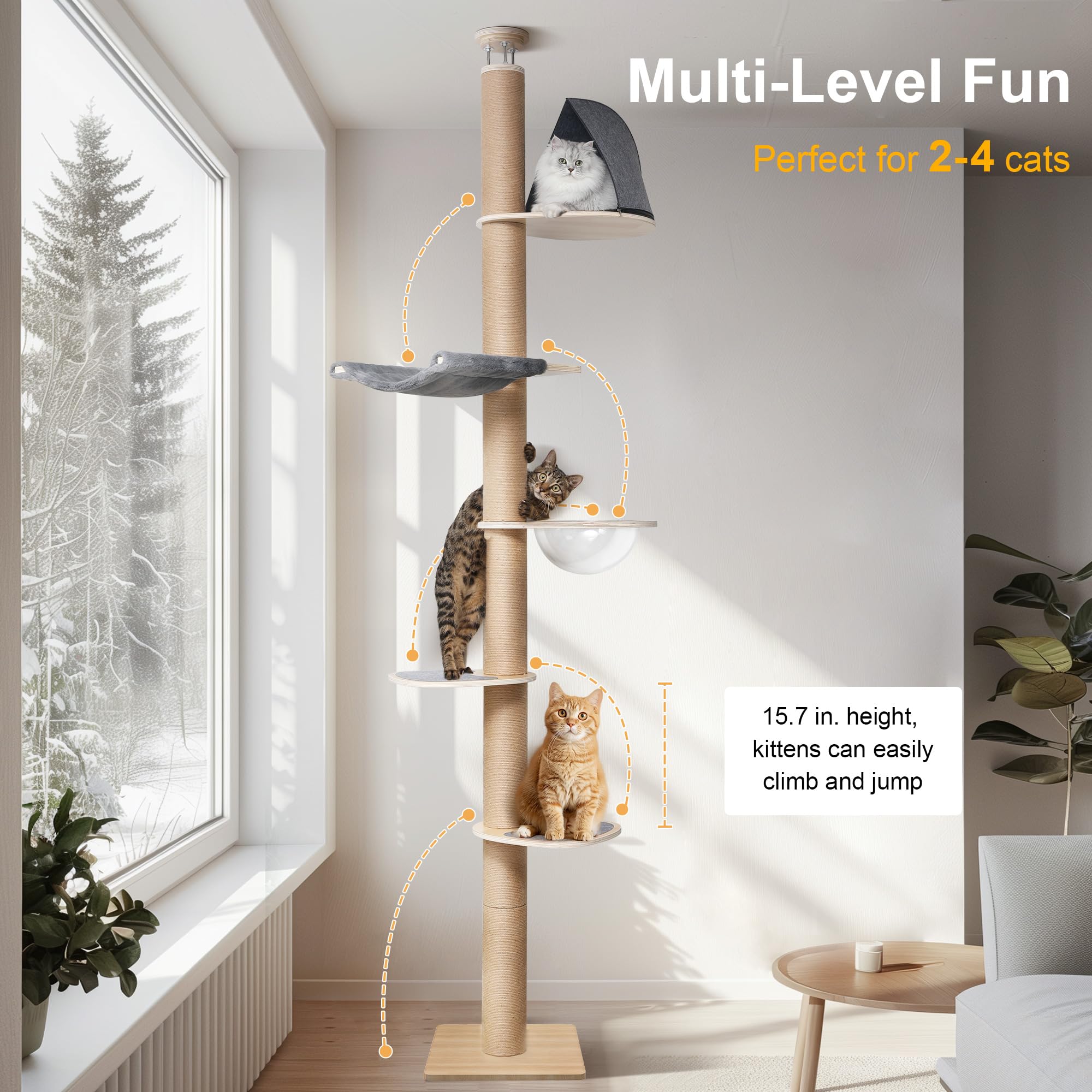 Premium 6-Level Adjustable Cat Tree Tower (5.7-9.8 ft) - Floor to Ceiling Climbing Structure with Thick Scratching Posts, Transparent Capsule & Plush Hammock - Perfect for Indoor Cat Play, Exercise & Relaxation in Apartments/Homes