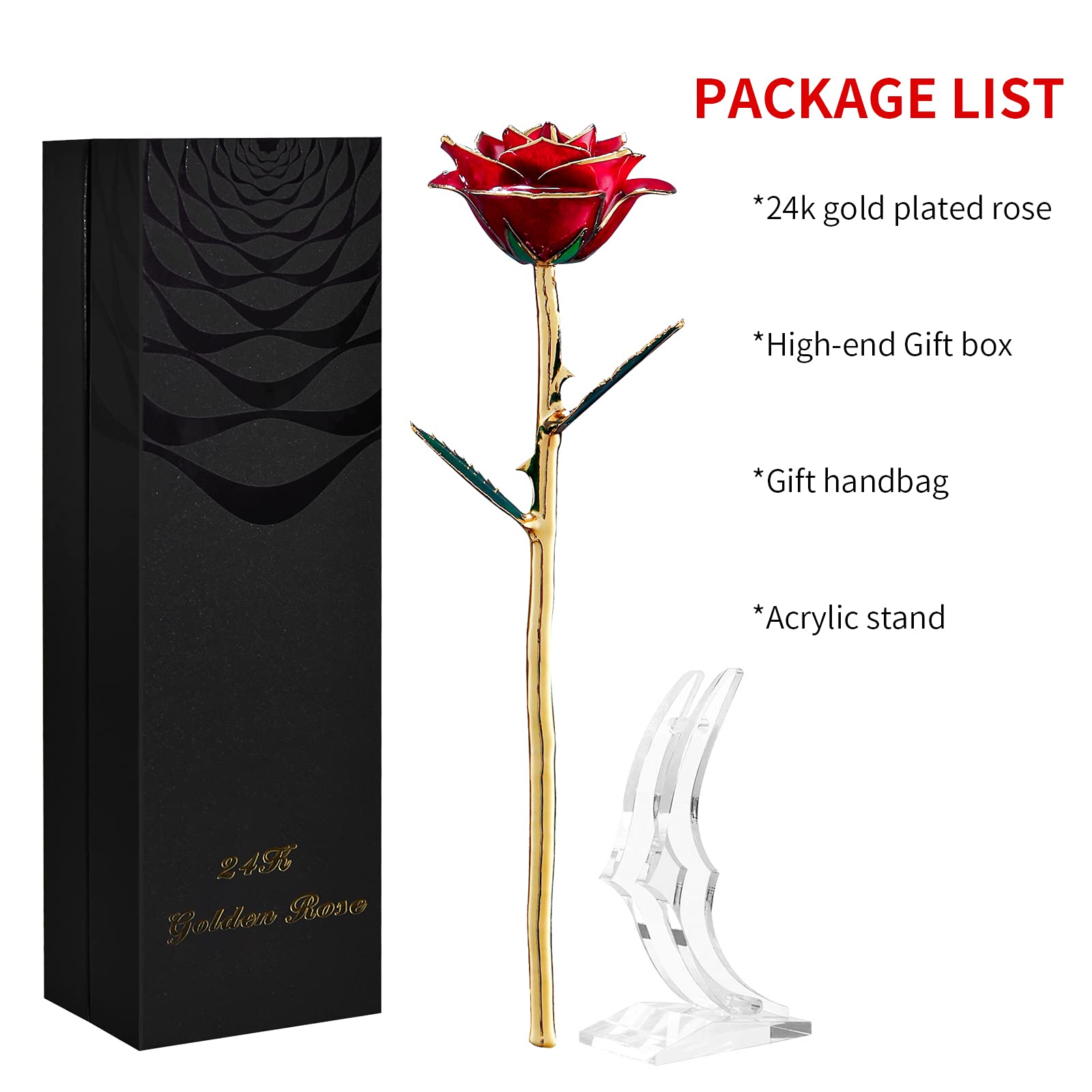 24k Gold Plated Eternal Rose in Gift Box - Romantic Anniversary, Valentine's Day, Birthday & Mother's Day Present for Women - Perfect for Home Decor, Wedding Centerpiece & Special Occasion Keepsake (Red)