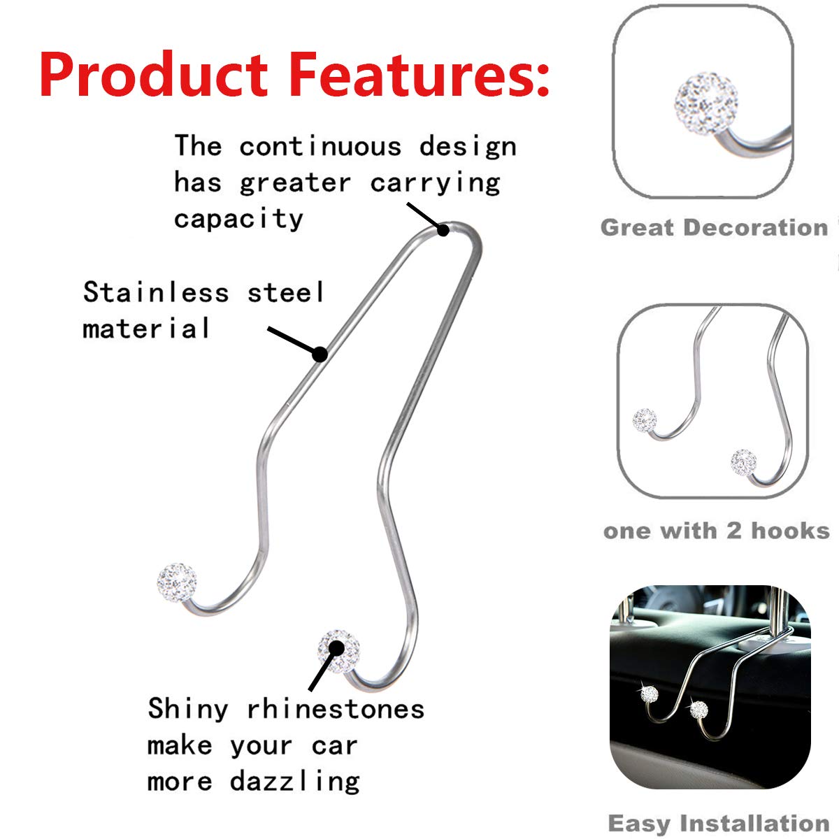 Rhinestone Car Seat Hooks - Universal Headrest Hangers for Bags, Coats & Organizers | Durable Auto Backseat Storage Hooks (White) | Perfect for Road Trips, Shopping & Daily Commute