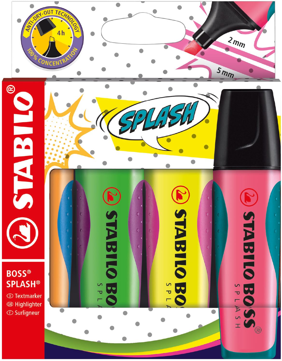 STABILO BOSS SPLASH Pastel Highlighters Set of 4 - Assorted Colors for Note Taking, Studying & Office Organization - Perfect for Students, Teachers & Work Professionals