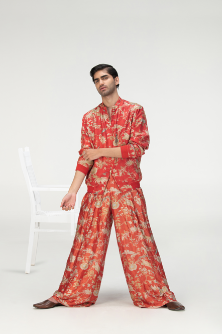 Janbaaz Men's Silk Bomber Jacket - Red Damask Print, Lightweight & Stylish for Casual Wear, Night Out, and Street Fashion