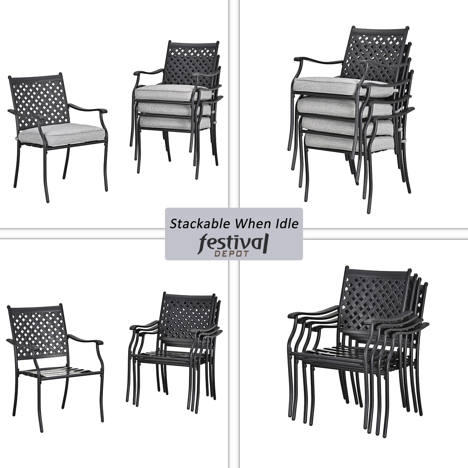 4-Piece Outdoor Patio Dining Chair Set - Wrought Iron with Arms & Cushions - Grey - Perfect for Porch, Lawn, Garden, Balcony, Pool, Backyard & Deck Dining