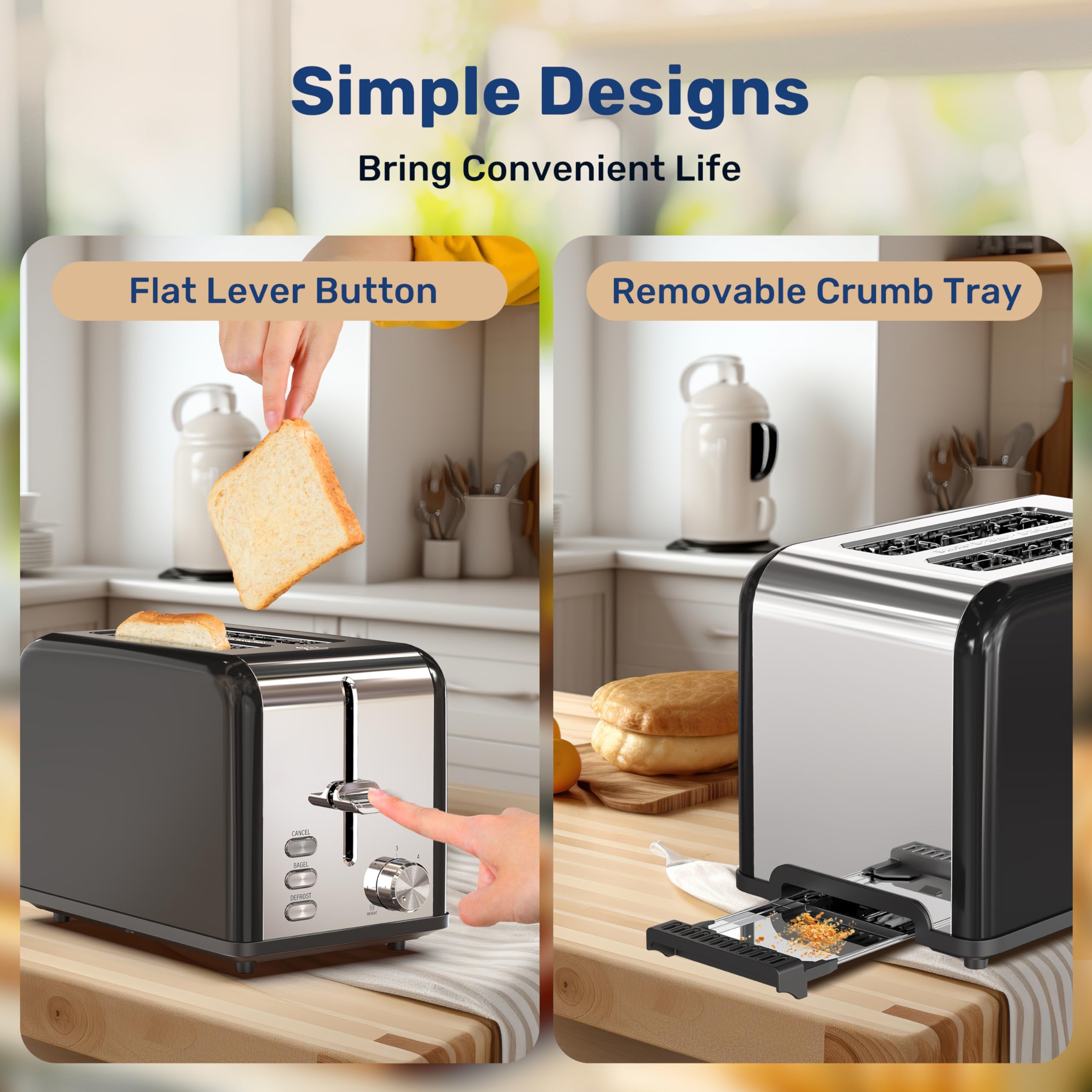 YSSOA 2-Slice Stainless Steel Toaster with 6 Browning Settings & 3 Functions - Extra Wide Slots for Bread, Bagels & Waffles - Removable Crumb Tray - Perfect for Breakfast, Office & Dorm Rooms - Black