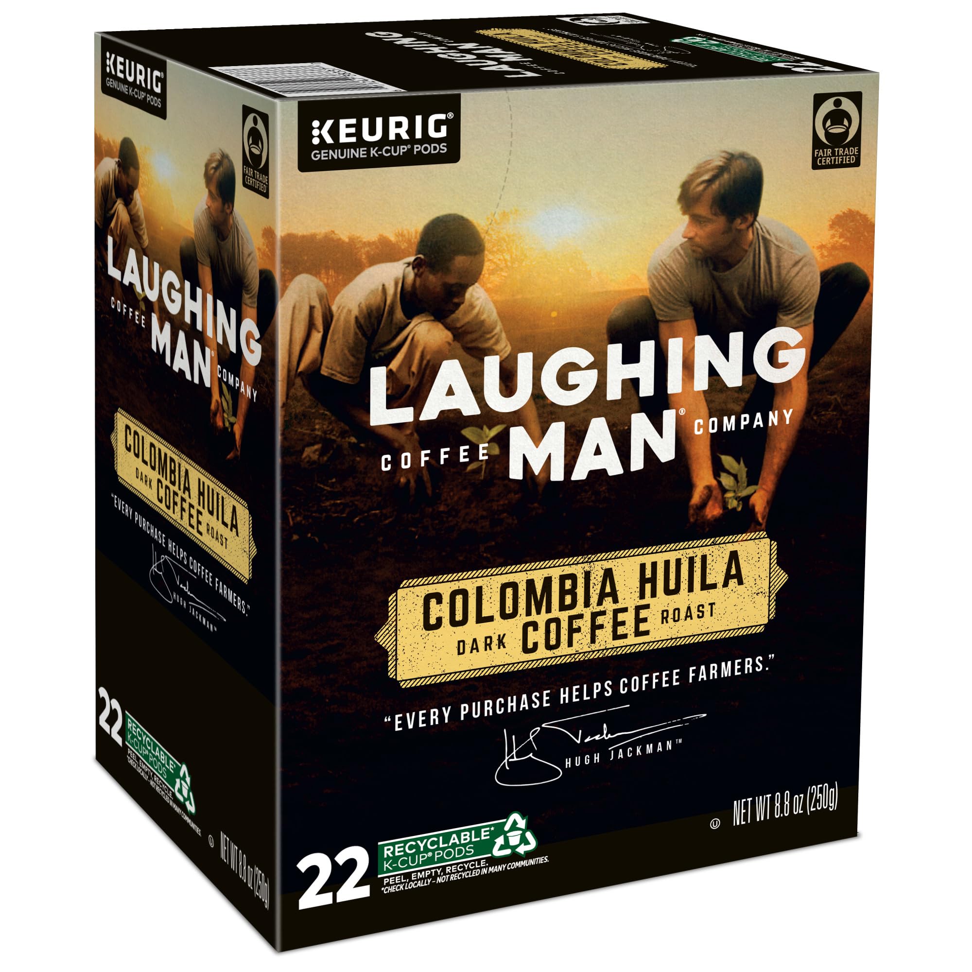 Premium Laughing Man Colombia Huila Dark Roast Coffee - Keurig Single Serve K-Cup Pods (88 Count, 4 Packs of 22) - Rich & Bold Flavor for Home, Office or Breakfast Brewing