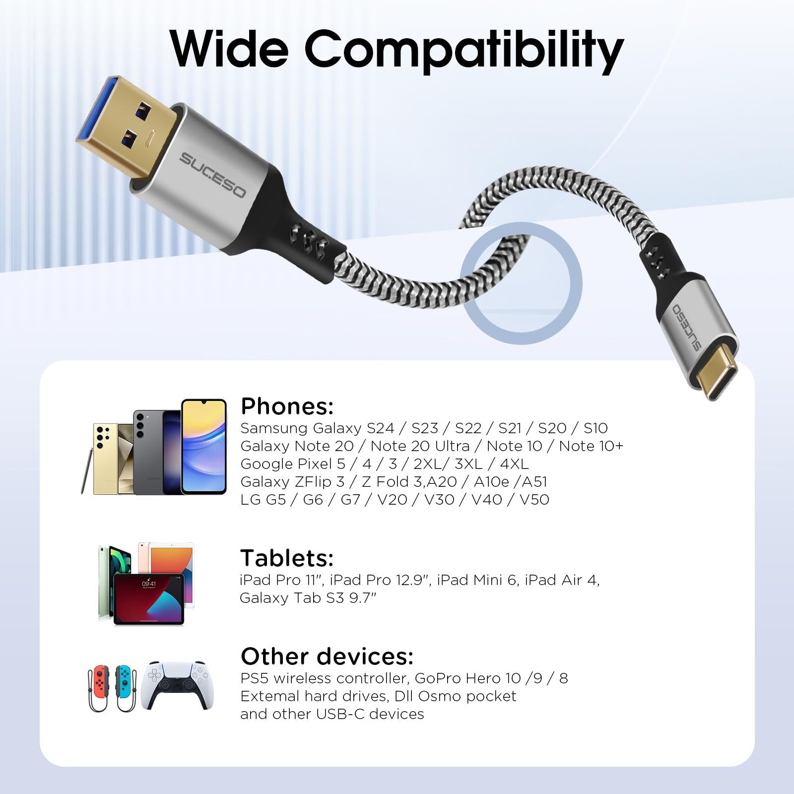 SUCESO USB-C to USB 3.1 Gen2 Cable 1.6FT - 10Gbps High Speed Data Transfer & 60W Fast Charging for Samsung Galaxy S23/S22, PS5, Huawei, LG V20, Google Pixel 7, External SSD, CarPlay, Android Auto - Perfect for Gaming, Work & Travel Charging