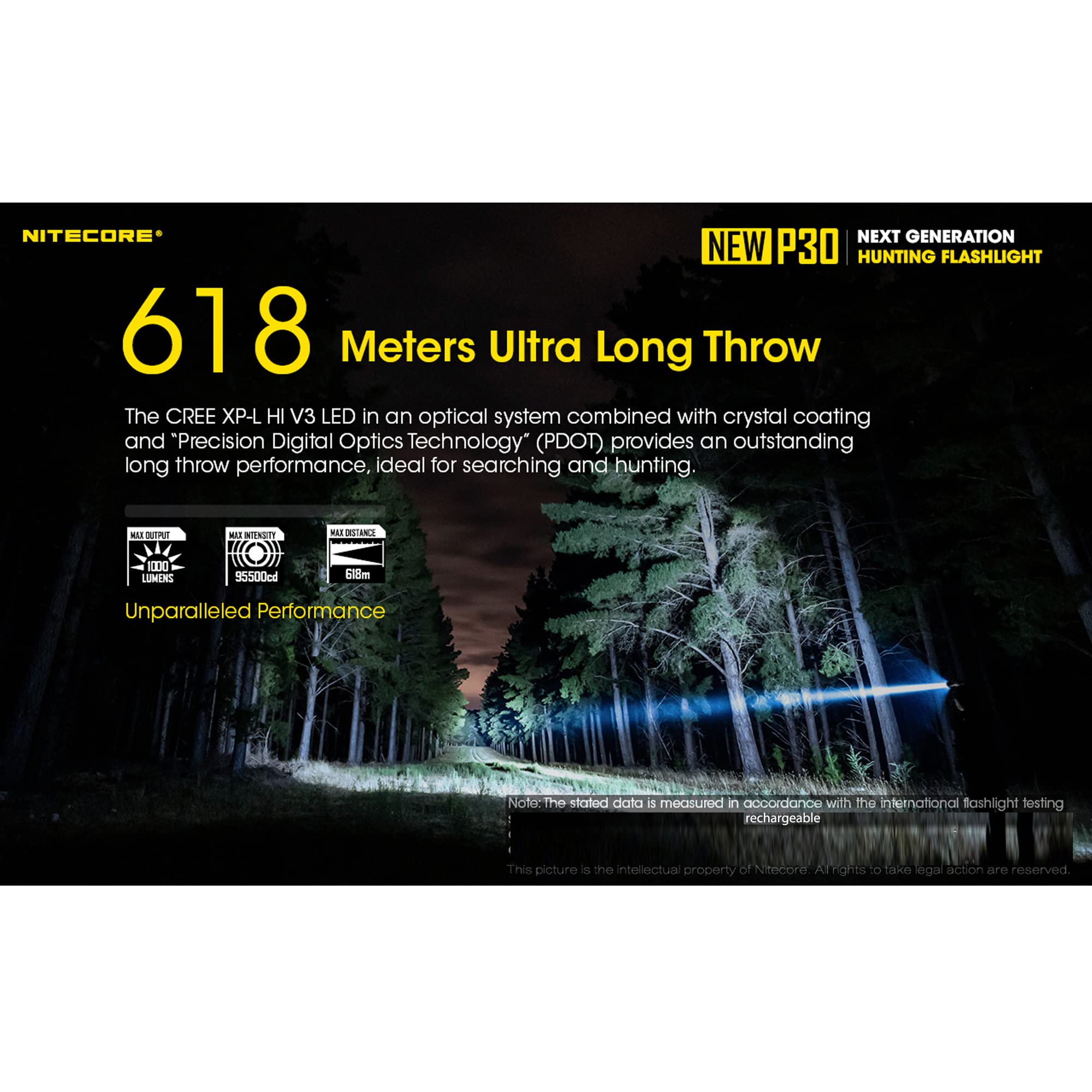 Nitecore P30 1000 Lumen Tactical Flashlight with 676 Yard Beam Distance | Rechargeable Hunting Light with UI1 Charger & LumenTac Organizer | Perfect for Outdoor Adventures, Camping, and Night Hunting