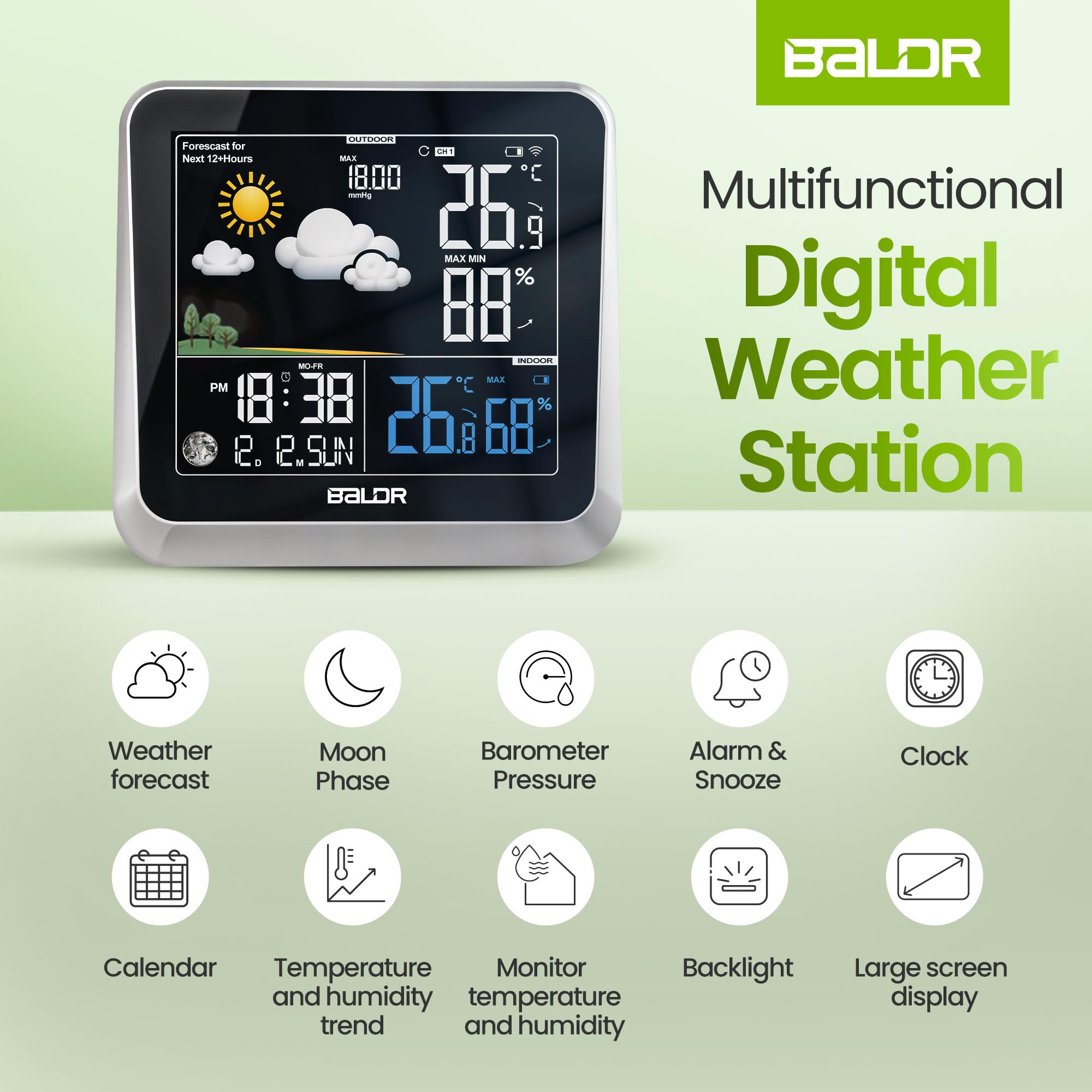 BALDR Wireless Weather Station Clock - Indoor Outdoor Thermometer with Weather Forecast, Barometer & Moon Phase Display - Accurate Temperature Humidity Monitor for Home, Office, Garden & Camping