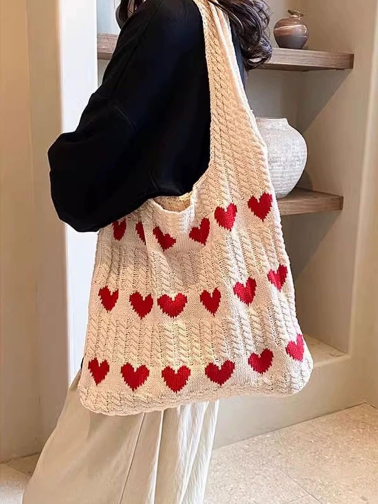 Heart Graphic Cute Tote Bags for Women - Aesthetic Crochet Shoulder Handbags - Casual Beach Bag for Summer Outings, Shopping & Travel