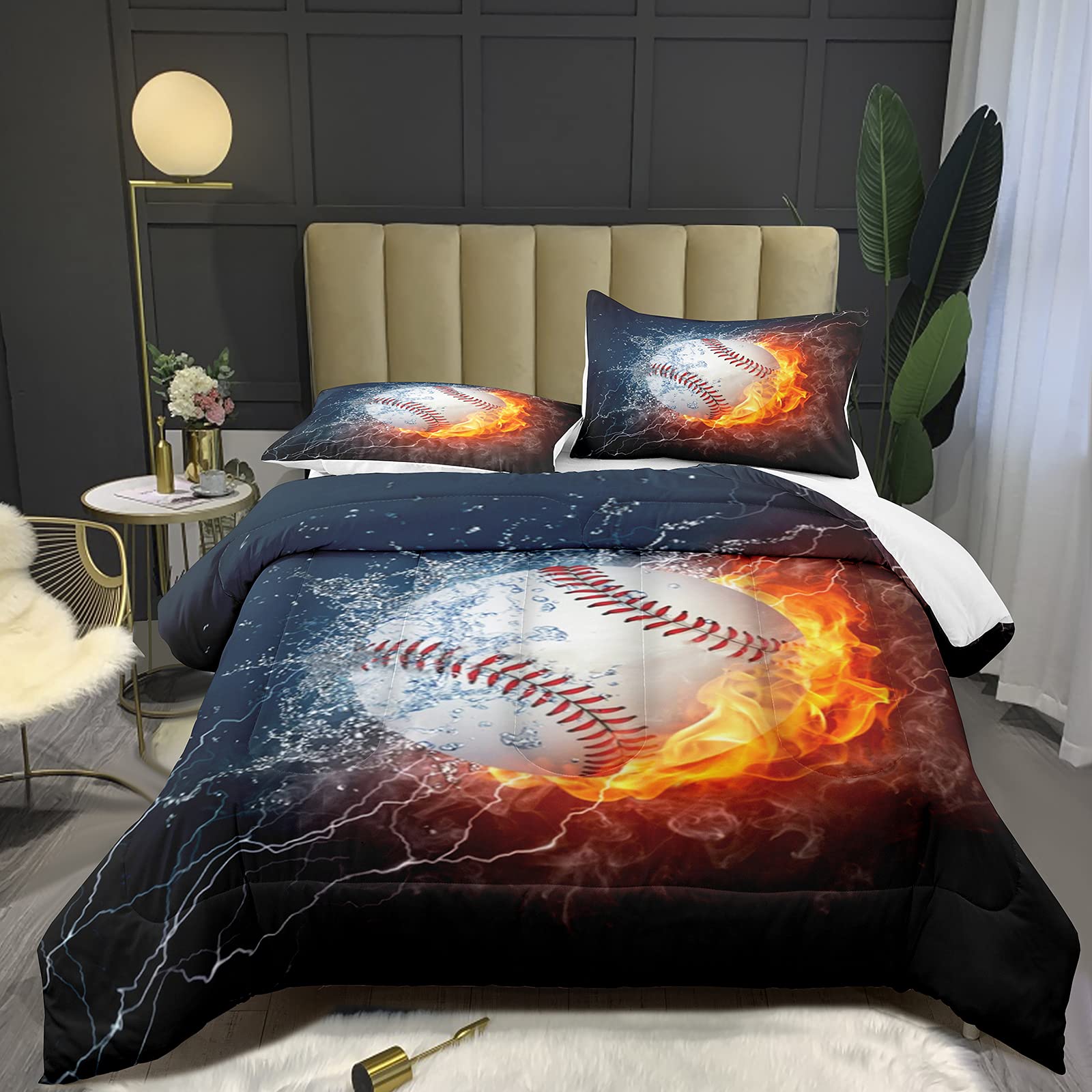 Bodhi Baseball Comforter Set Twin Size for Boys - Kids Baseball Themed Bedding with Fire Print Design - Includes Comforter & Pillowcases - Sports Themed Quilt Set #4002 - Perfect for Boys' Bedrooms, Sports Themed Decor, and Baseball Fans