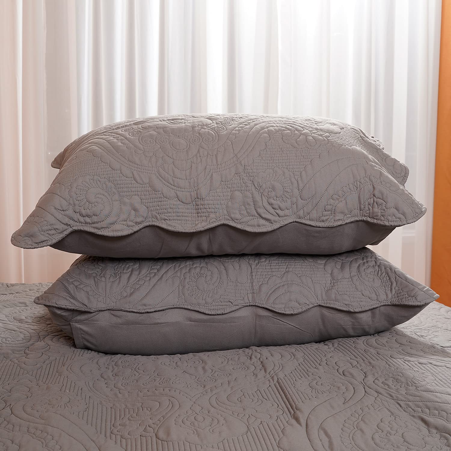 BOSOWOS 2-Pack Quilted Pillow Shams - Soft Breathable Microfiber Standard Pillow Covers with Envelope Closure (Grey, 20x26 Inches) - Perfect for Bedroom Decor, Guest Rooms & Cozy Home Styling