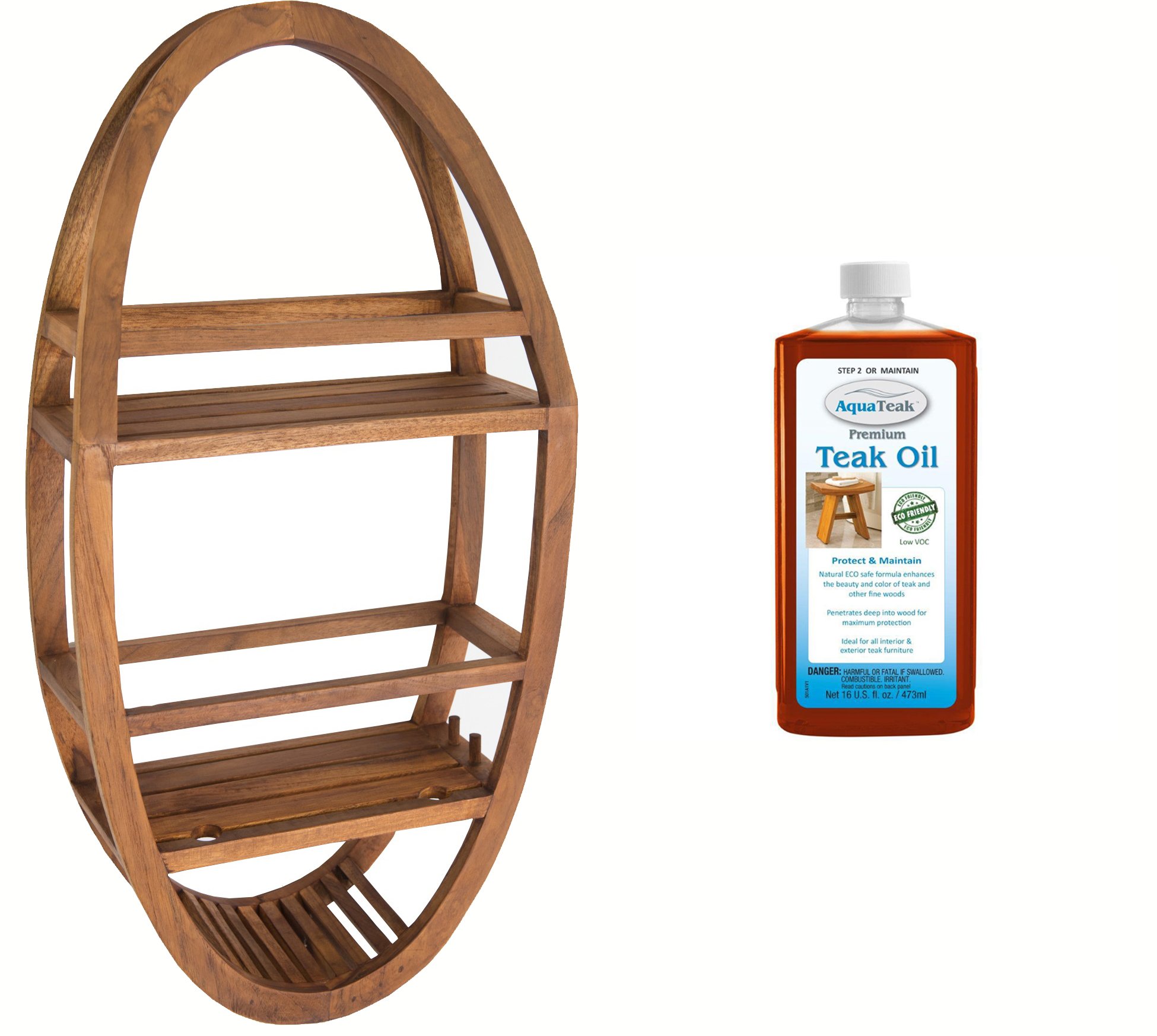 Premium AquaTeak Patented Moa Oval Teak Shower Organizer with Natural Teak Oil - Perfect for Bathroom Storage, Spa & Luxury Shower Organization