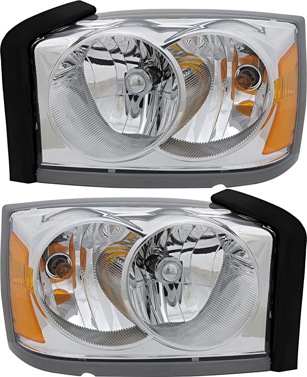 2006-2007 Dodge Dakota Replacement Headlights Set - Halogen Chrome Trim Headlamp Assembly for Driver & Passenger Side - Perfect for Night Driving & Off-Road Adventures