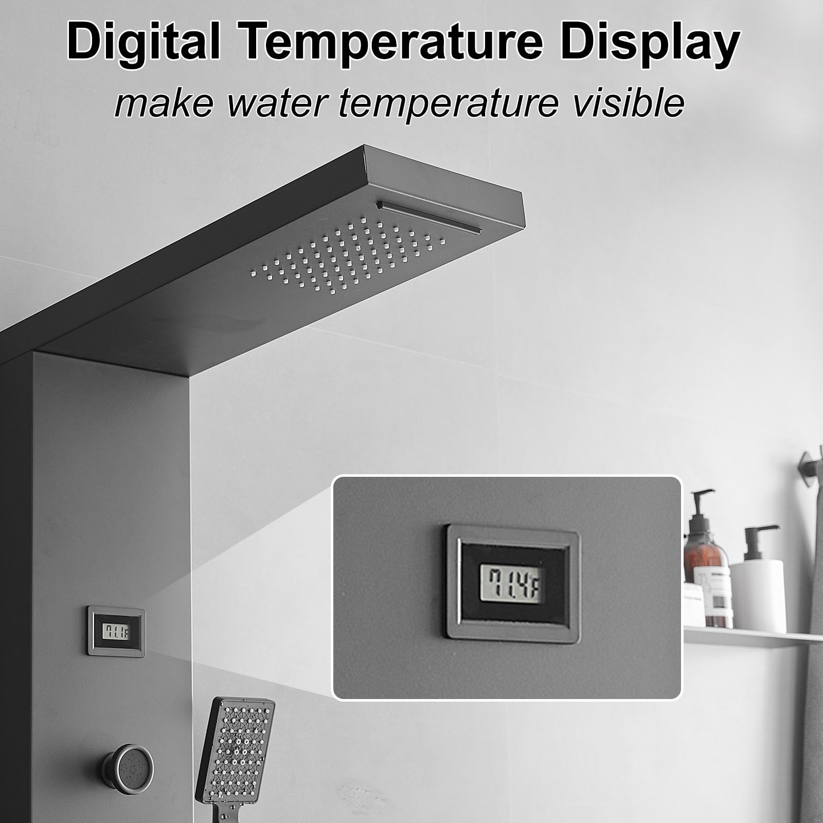 6-in-1 Matte Black Shower Tower Panel System with Rainfall Shower Head, Body Spray Jets, Waterfall & Temperature Display - Perfect for Spa-Like Bathroom Experience & Luxury Home Renovation