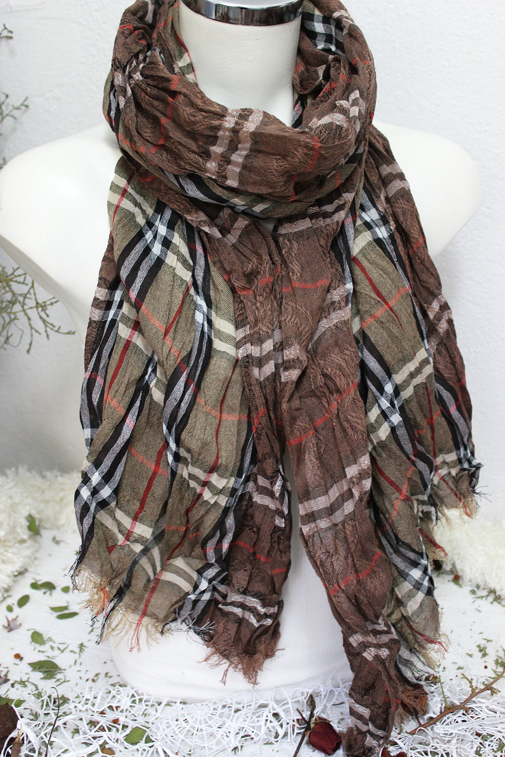 Men's Cotton Scarf - Brown Plaid & Beige Striped Boho Shawl - Turkish Fabric in Red & Black - Unique Gift for Men - Perfect for Winter, Fall & Casual Outfits