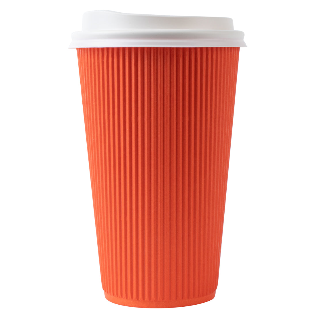 16 oz Tangerine Orange Paper Ripple Wall Coffee Cups with White Lids - 20 Count Box (3.5