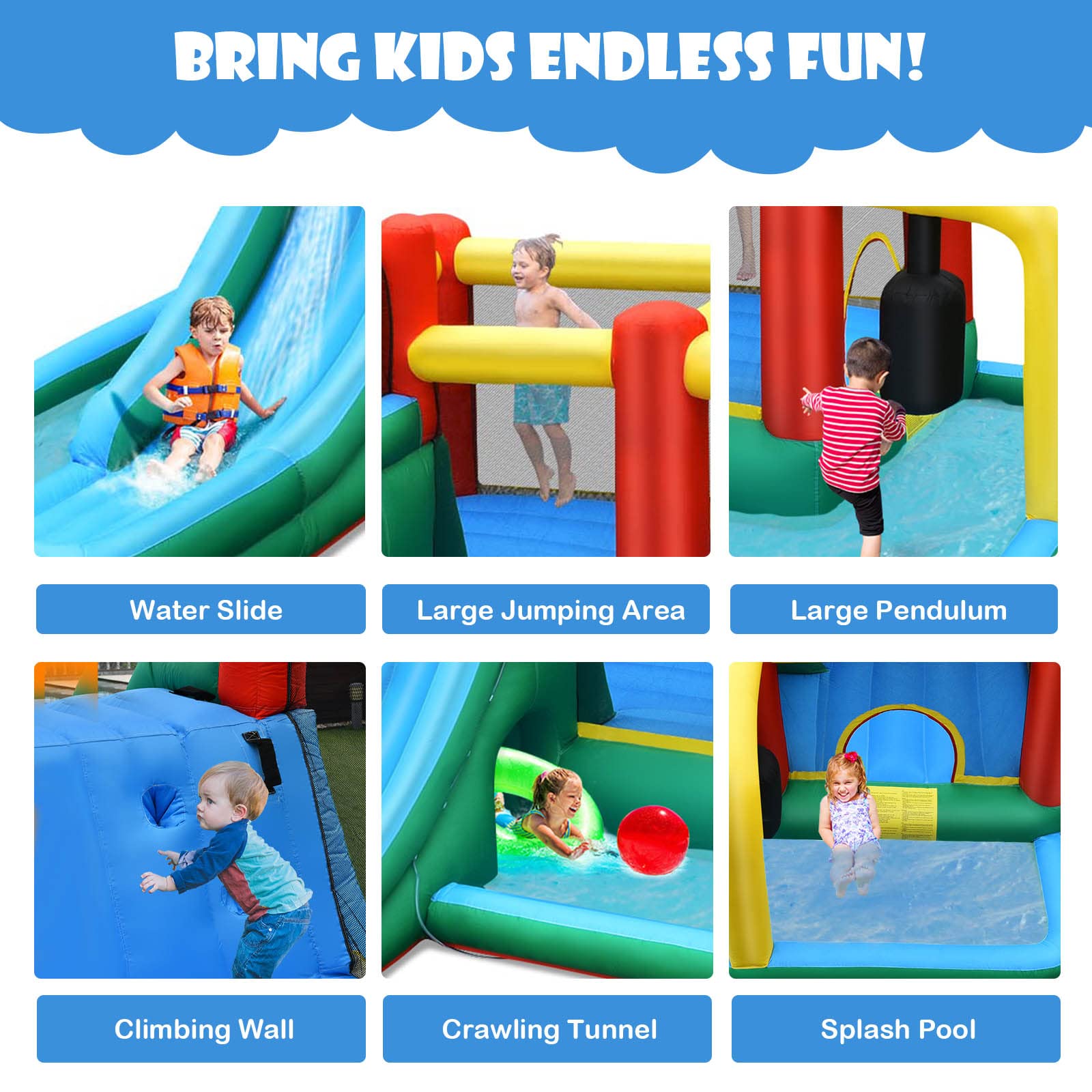 **HONEY JOY 6-in-1 Inflatable Water Slide Park with Splash Pool & Pendulum - Giant Bounce House for Kids & Adults - Outdoor Blow Up Water Slides with 735W Blower - Perfect for Backyard Parties, Summer Fun, and Family Gatherings**