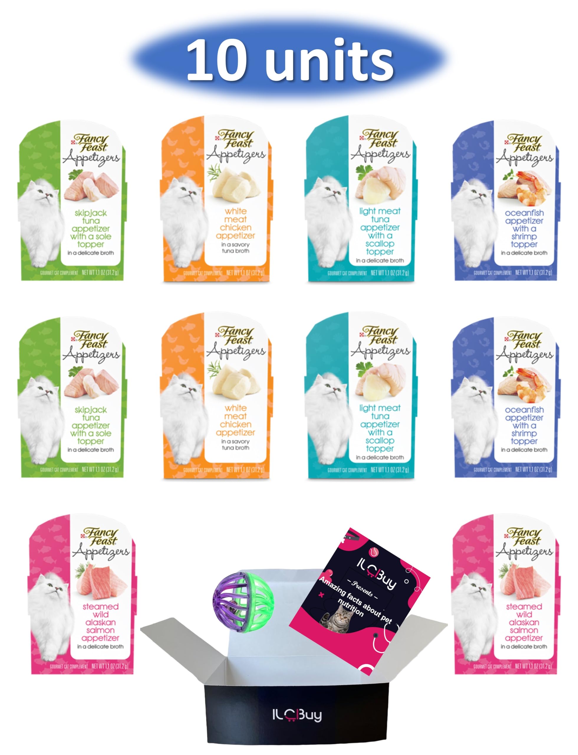 Fancy Feast Gourmet Cat Food Variety Pack - 10 Cans (2 Each: Salmon, Tuna, Chicken, Oceanfish & Skipjack Tuna) 1.1oz + Free Cat Toy Ball & Guidebook - Perfect for Mealtime Enrichment & Picky Eaters
