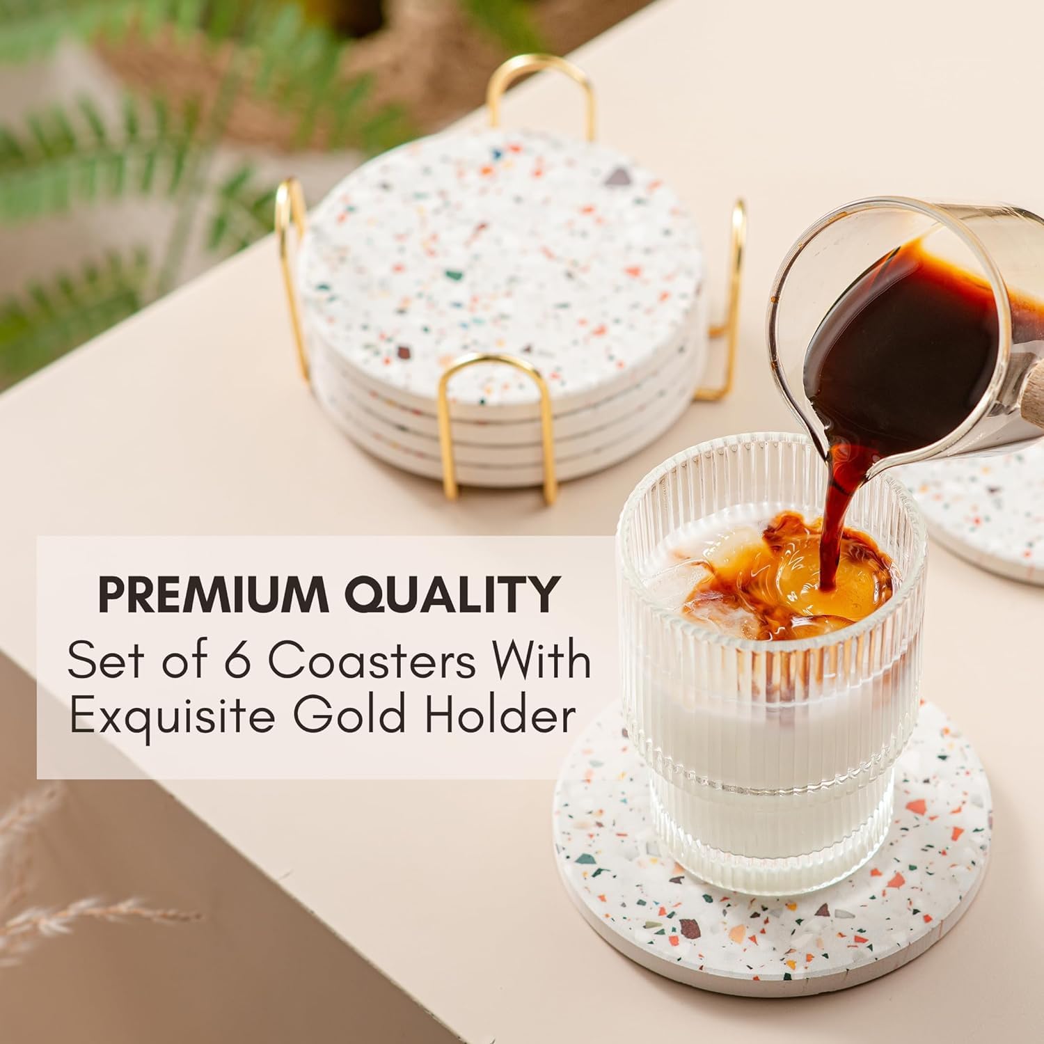 Premium Wooden Drink Coasters Set of 6 with Holder - Natural Absorbent Wood Coasters for Coffee Tables, Bars & Home Decor - Perfect for Protecting Surfaces from Hot/Cold Beverages, Wine & Cocktail Parties