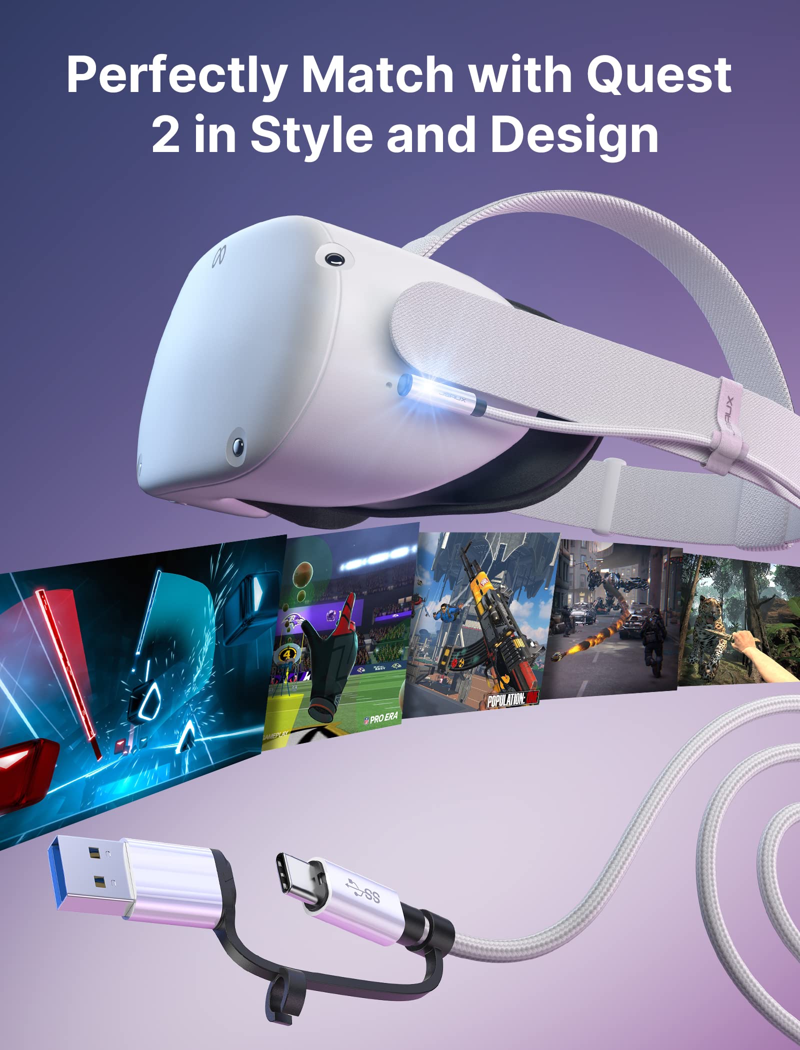 JSAUX 5m USB 3.0 High-Speed VR Link Cable 2-in-1 for Oculus Quest 2/Pico 4/Meta & PC/Steam VR - Data Transfer Adapter for VR Headsets & Gaming PCs - Perfect for Immersive Virtual Reality Experiences & PC Gaming Setups