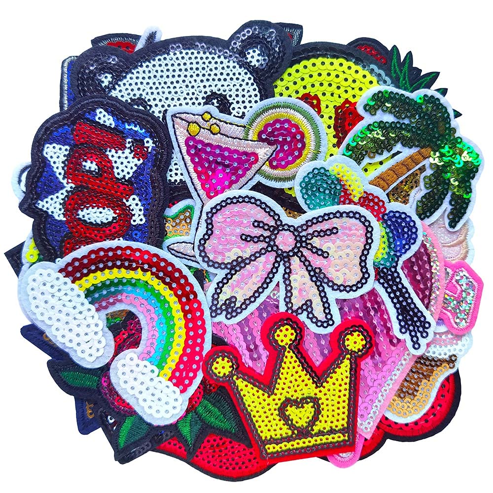 32pcs Assorted Styles Sequins Sew-on/Iron-on Embroidered Patches for Clothes, Hats, Pants, Shoes & DIY Crafts - Perfect for Fashion Upgrades, Home Decor & Personalized Gifts (Qingxi Charm Collection)