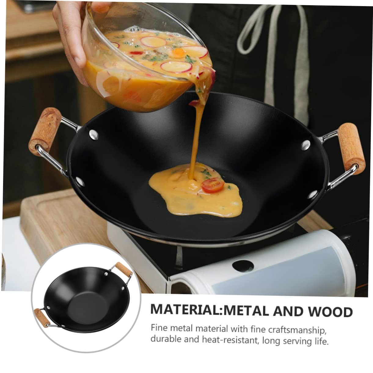 Stainless Steel Double Handle Wok - Deep Frying Pan for Professional Cooking | Perfect for Stir Fry, Deep Frying & Asian Cuisine | Durable Kitchen Utensil for Home Chefs