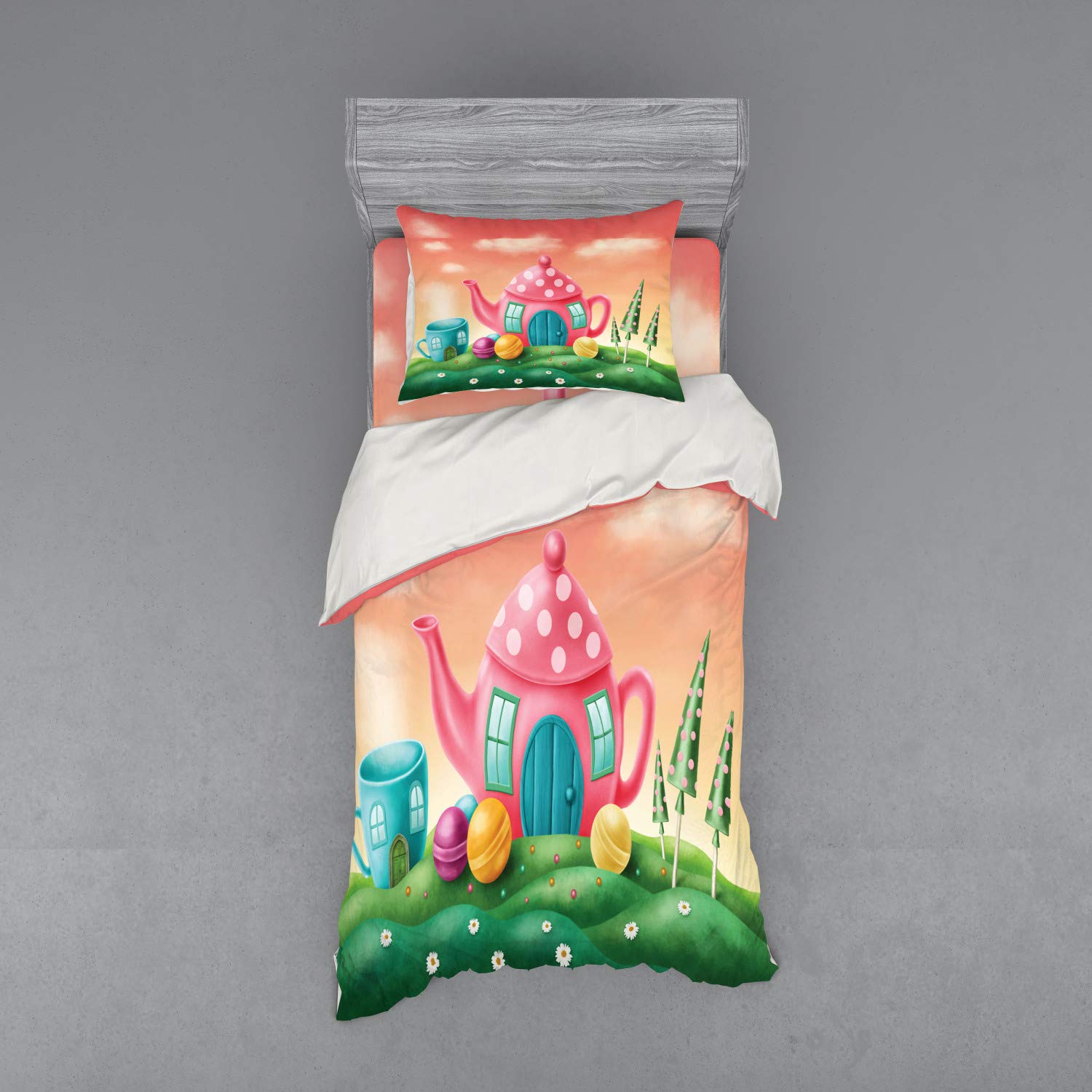Ambesonne Fantasy Bedding Set - Polka Dot Tea Pot & Coffee Cup House with Lollipops Design, 3-Piece Duvet Cover Set (Twin XL, Fern Green & Coral) | Perfect for Kids' Rooms, Themed Bedrooms & Whimsical Home Decor