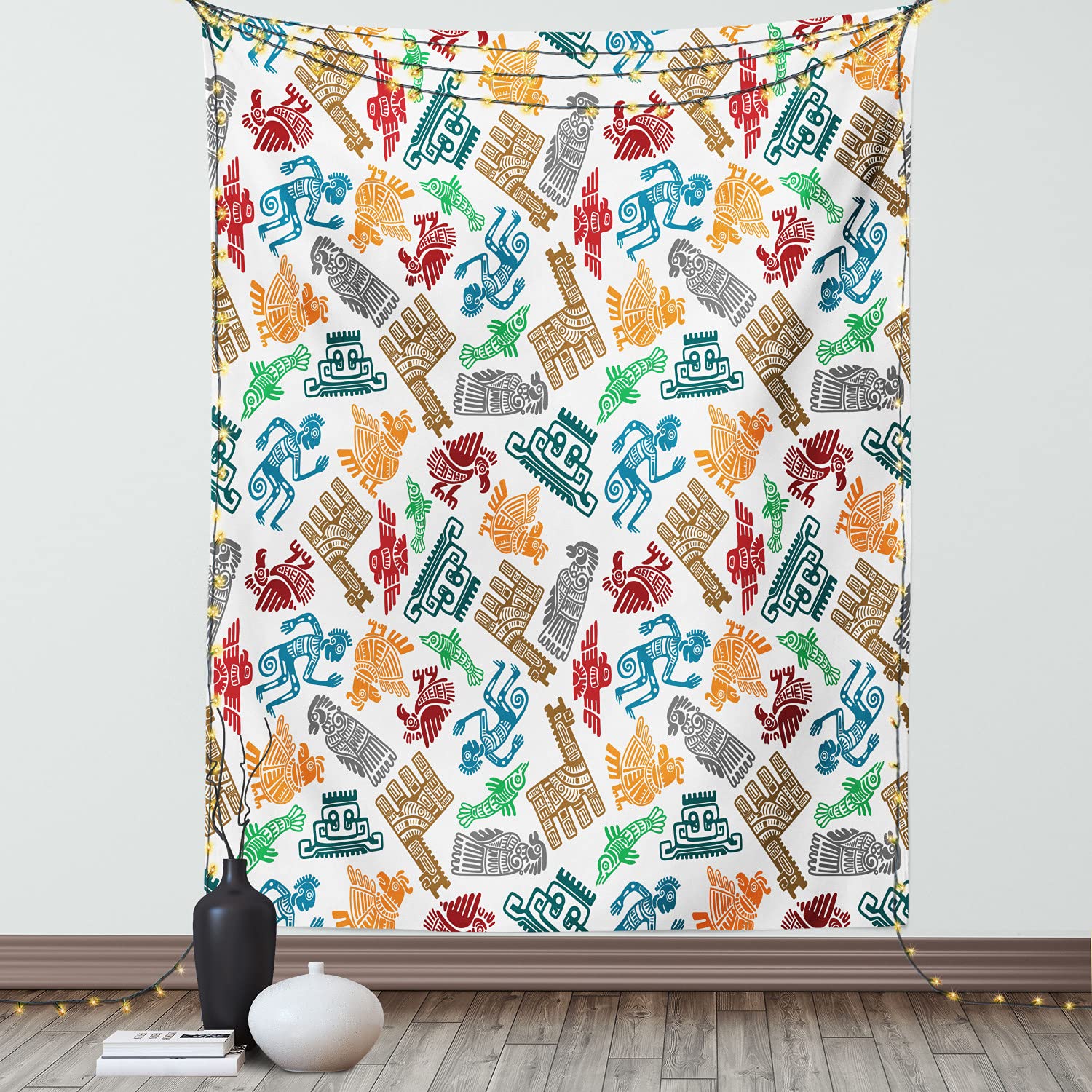 Ambesonne Tribal Tapestry - Mayan Aztec Prehistoric Boho Wall Hanging with Shaman & Llamas Design, 60x80 Inches Multicolor Decor for Bedroom, Living Room, Dorm | Perfect for Bohemian Home Decor, Festival Backdrop & Meditation Space