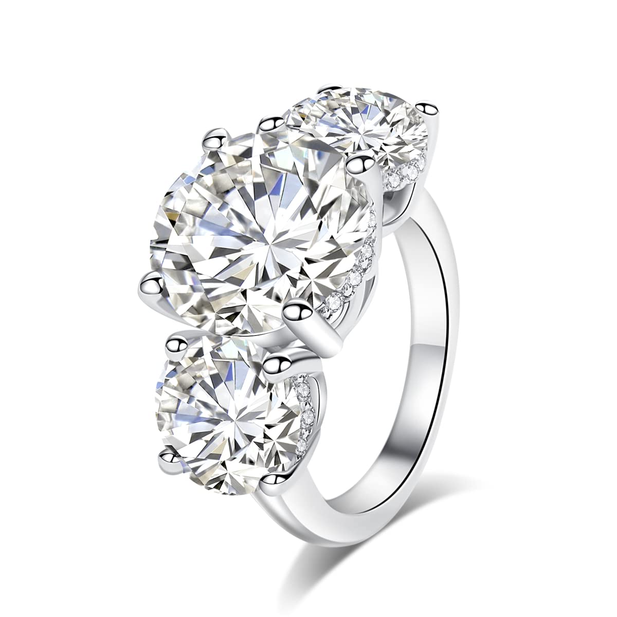 AnuClub 3 Stone Moissanite Engagement Ring for Women - D Color VVS1 Round Cut, 14K White Gold Plated 925 Sterling Silver - Wedding, Anniversary & Promise Ring - Perfect for Proposals, Bridal Jewelry & Special Occasions