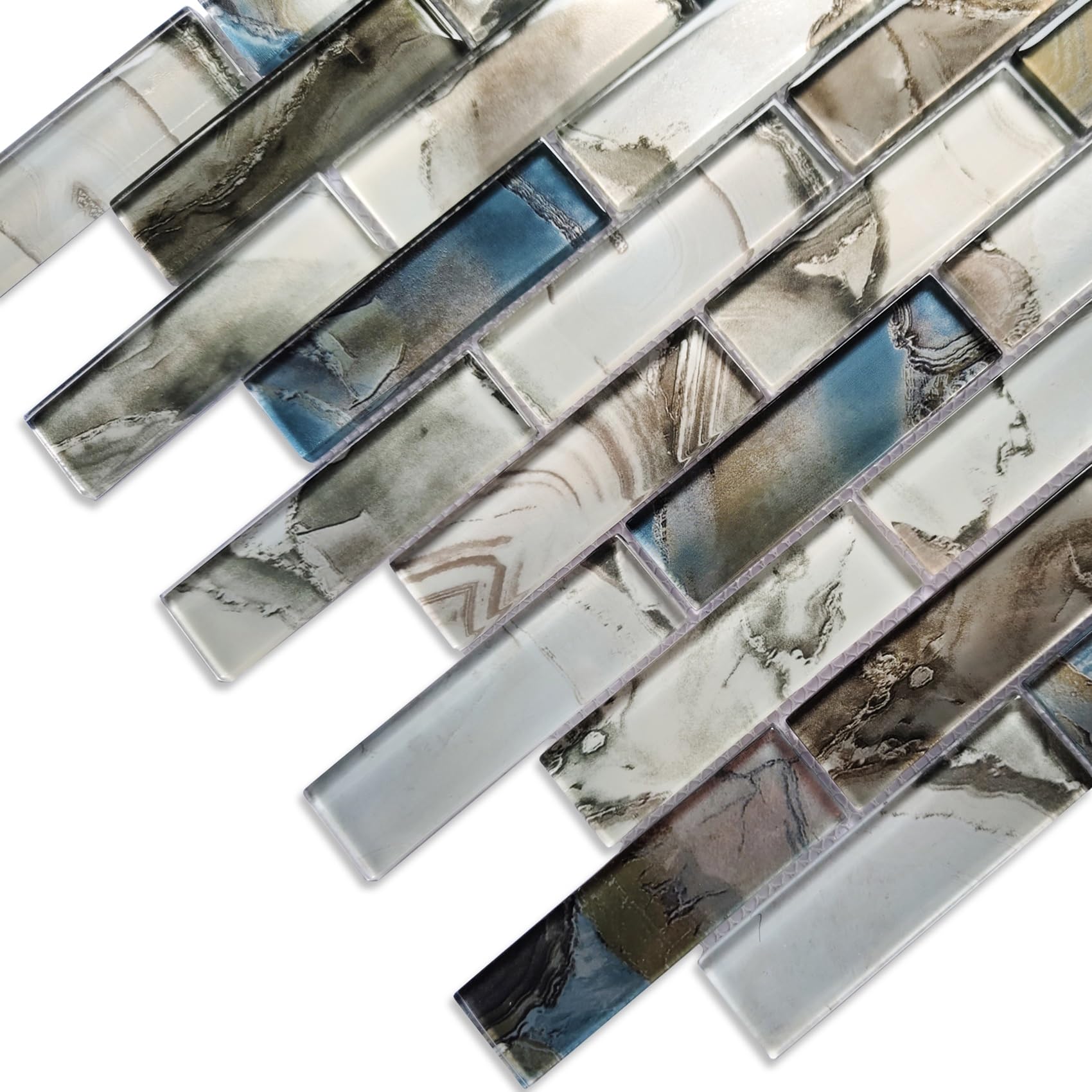 Premium Blue Grey Glass Mosaic Backsplash Tiles - Interlocking Gemstone Look Wall Tiles for Kitchen, Bathroom & Fireplace Decor (5 Sheets/Pack) - Perfect for Modern Home Renovation & DIY Projects