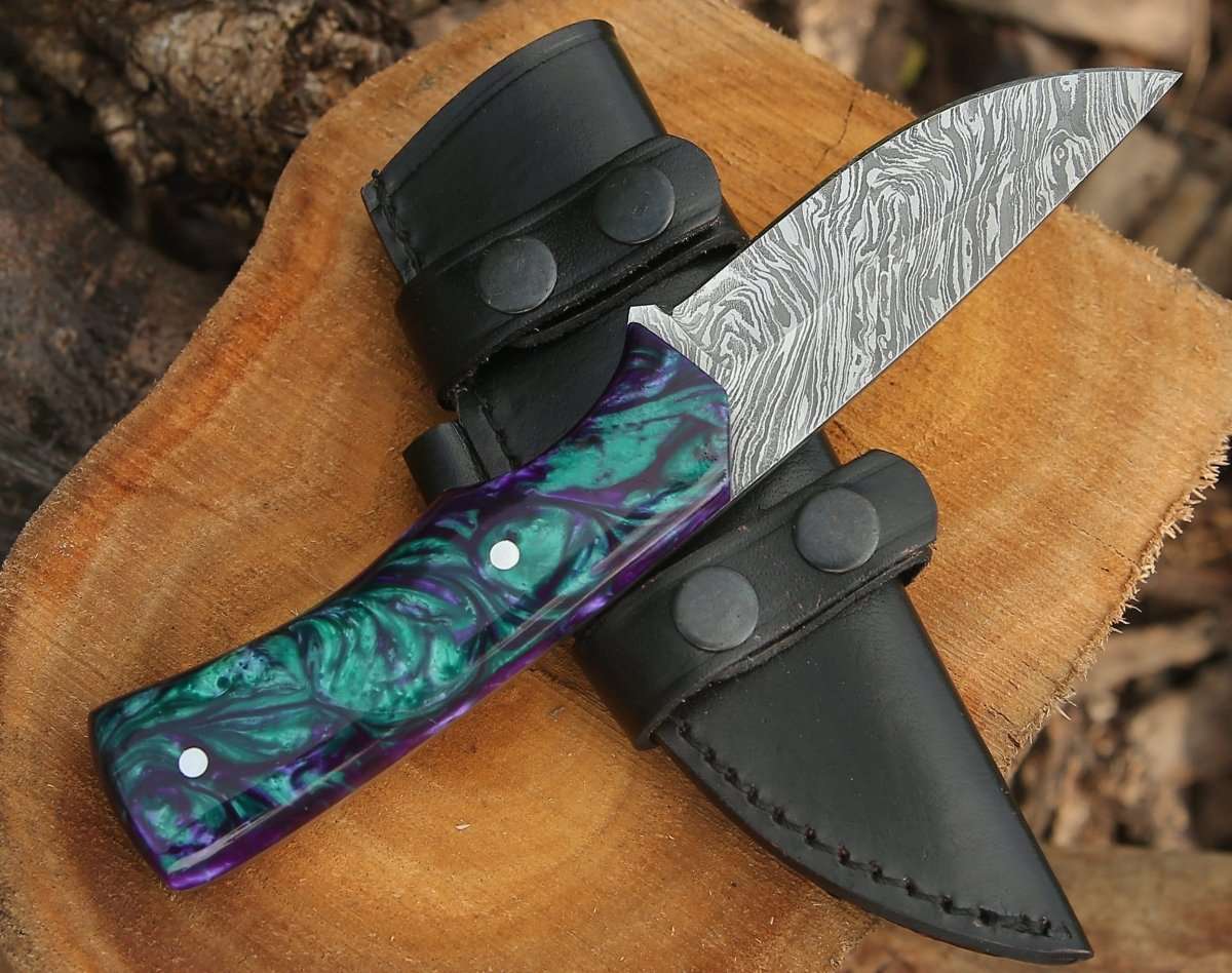 Premium Damascus Steel Hunting Knife - Handcrafted with Resin Handle - Perfect for Outdoor Camping, Bushcraft & Survival Gear