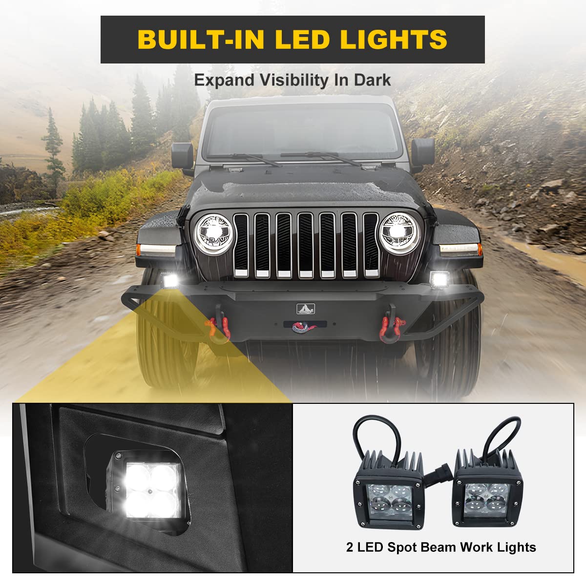 NIXON OFFROAD Heavy Duty Front Bumper Combo for 2007-2018 Jeep Wrangler JK & Unlimited - Winch Ready with Plate Mounting, 2 D-Rings & 2 LED Lights - Textured Black Powder Coated Full Width Steel Rock Crawler Off-Road Bumper - Perfect for Trail Riding, Rock Crawling & Overland Adventures