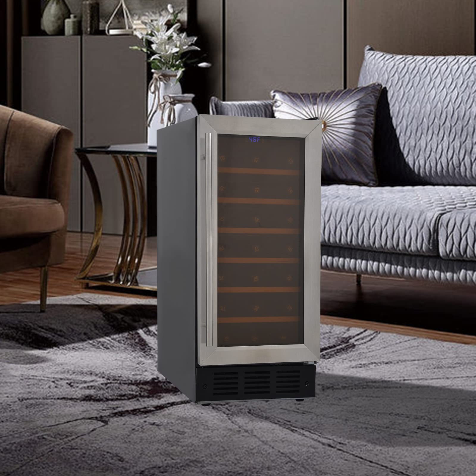 15 Inch Under Counter Wine Cooler Refrigerator - 31 Bottle Freestanding Compressor Wine Fridge with Beech Wood Shelves, Digital Thermostat & Glass Door (Stainless Steel & Black) - Perfect for Home Bars, Restaurants, and Wine Cellars