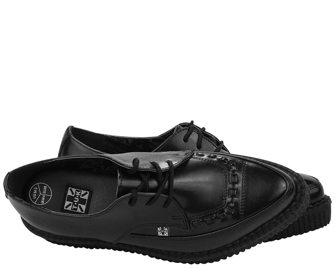 T.U.K Most Basic Black Leather Tie Pointed Creeper Shoes for Women - Gothic Punk Rock Fashion Footwear for Concerts, Clubbing & Alternative Style