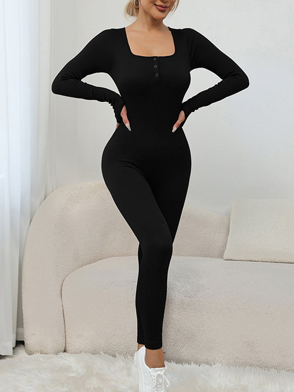 ZASUWA Women's Ribbed U-Neck Quick Dry Thumbhole Jumpsuit - Athletic Workout & Casual Wear for Yoga, Running, and Everyday Comfort